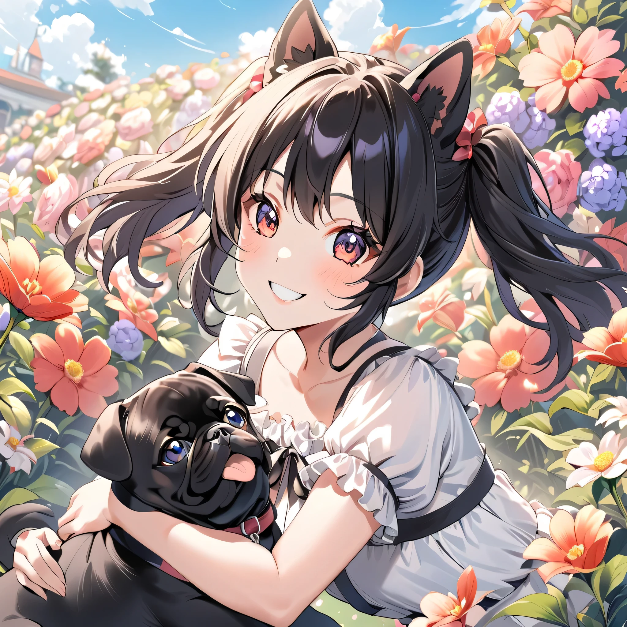 Age 19, Woman with Dog Ears, Very black hair, twin tails, black ear , smile, Anime Images, Flower Garden, that dog is a pug , women also have dog ears , women with dog ears ,Dog ears on women's heads