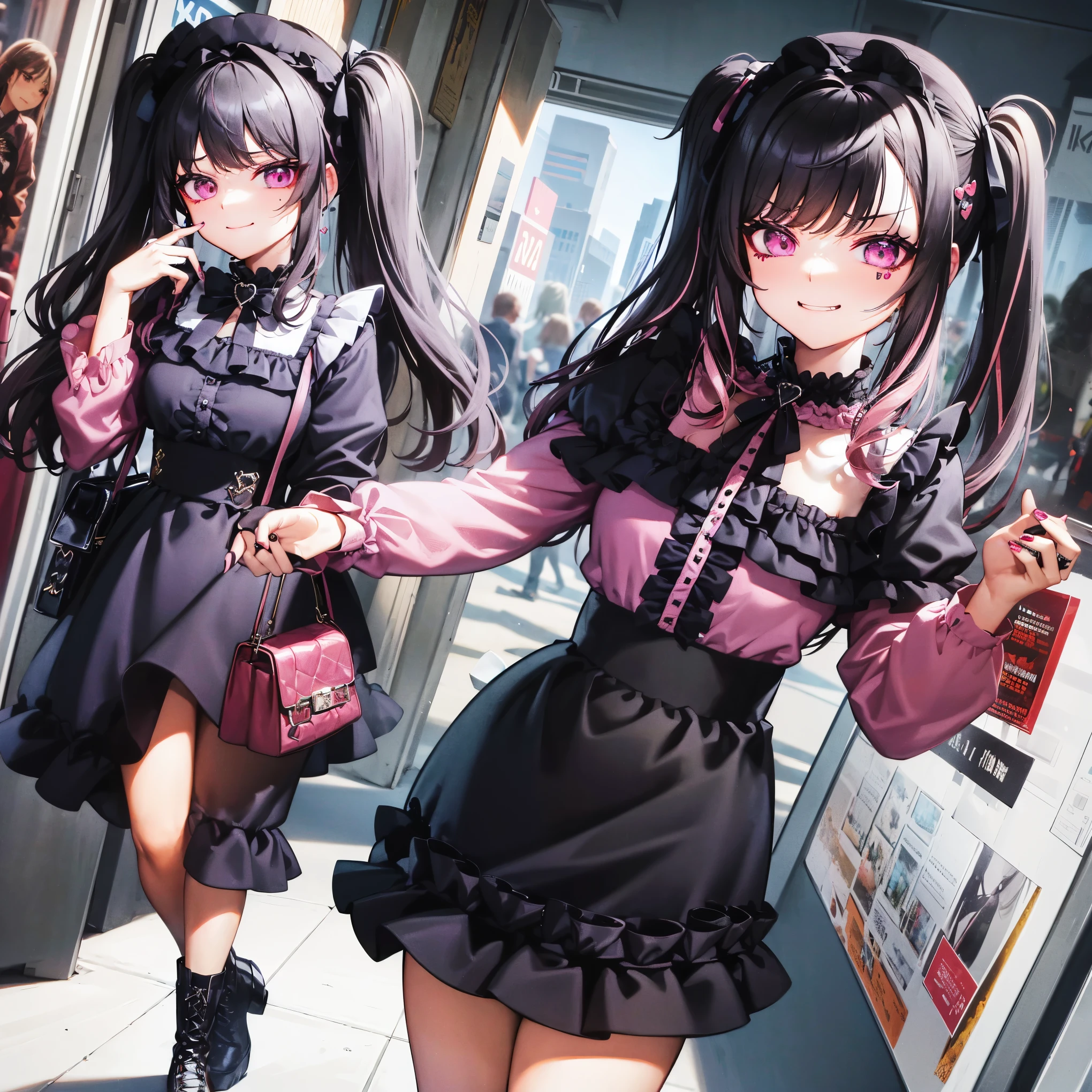 ( top quality)),( super A high resolution),( Super detail),(Detailed depiction),((Best Photos)),( Best Works of Art ), Ultra Precision Art , amazing depiction of art , Composition that reflects the whole body,in the street in the night city,detailed bills behind,Jirai girls,Alone, (black hair, pink hair, two-tone hair), long hair, two side up, black hair bow, jirai kei, (cross-laced clothes, pink shirt, long sleeves, frilled sleeves),frill, black bowtie, black belt,black skirt,Luxurious pink and black head dress with frills and ribbons,black lace tights,frilled white long socks,black long boots,laced bloods ,details headdress, detailed dress, red eyes,heart eyes, heart brooch, heart earrings, ring, nail polish, pink nails, black nails, black choker,A plump quilted Black leather bag in the hand,She's staring at the camera with a greedy face,evils smile,lift one leg,
