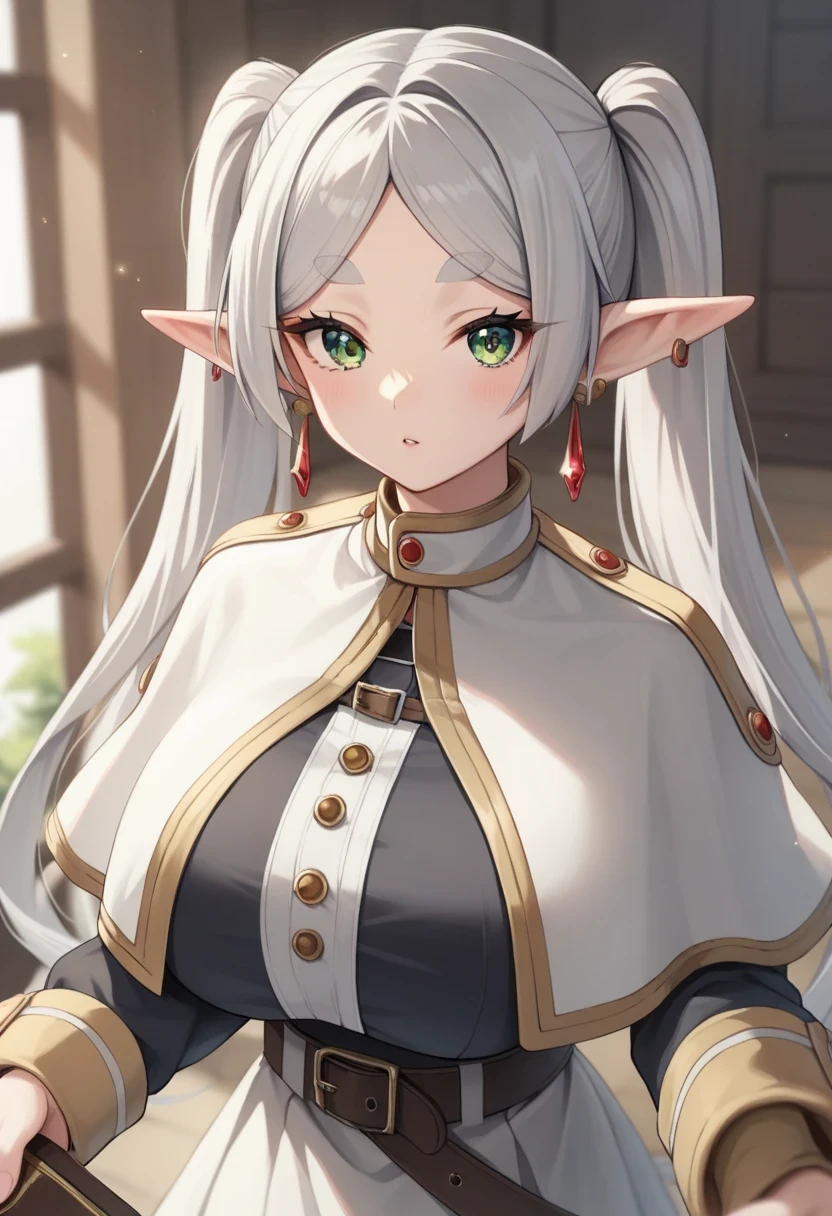 score_9, score_8_up, score_7_up, score_6_up, score_5_up, score_4_up, source_anime BREAK frieren, long hair, twintails, green eyes, detailed eyes, well-aligned eyes, grey hair, pointy ears, 1girl, solo, holding character doll BREAK nereirfpnxl, frieren, pointy ears, twintails, earrings, elf, parted bangs, white hair, white capelet, capelet, long sleeves, looking at you, upper body, thick eyebrows, earrings, gray hair, long hair, twintails, earrings, white capelet, striped shirt, long sleeves, belt, white skirt, medium skirt, black pantyhose, close pov view, anatomically correct,gigantic breasts