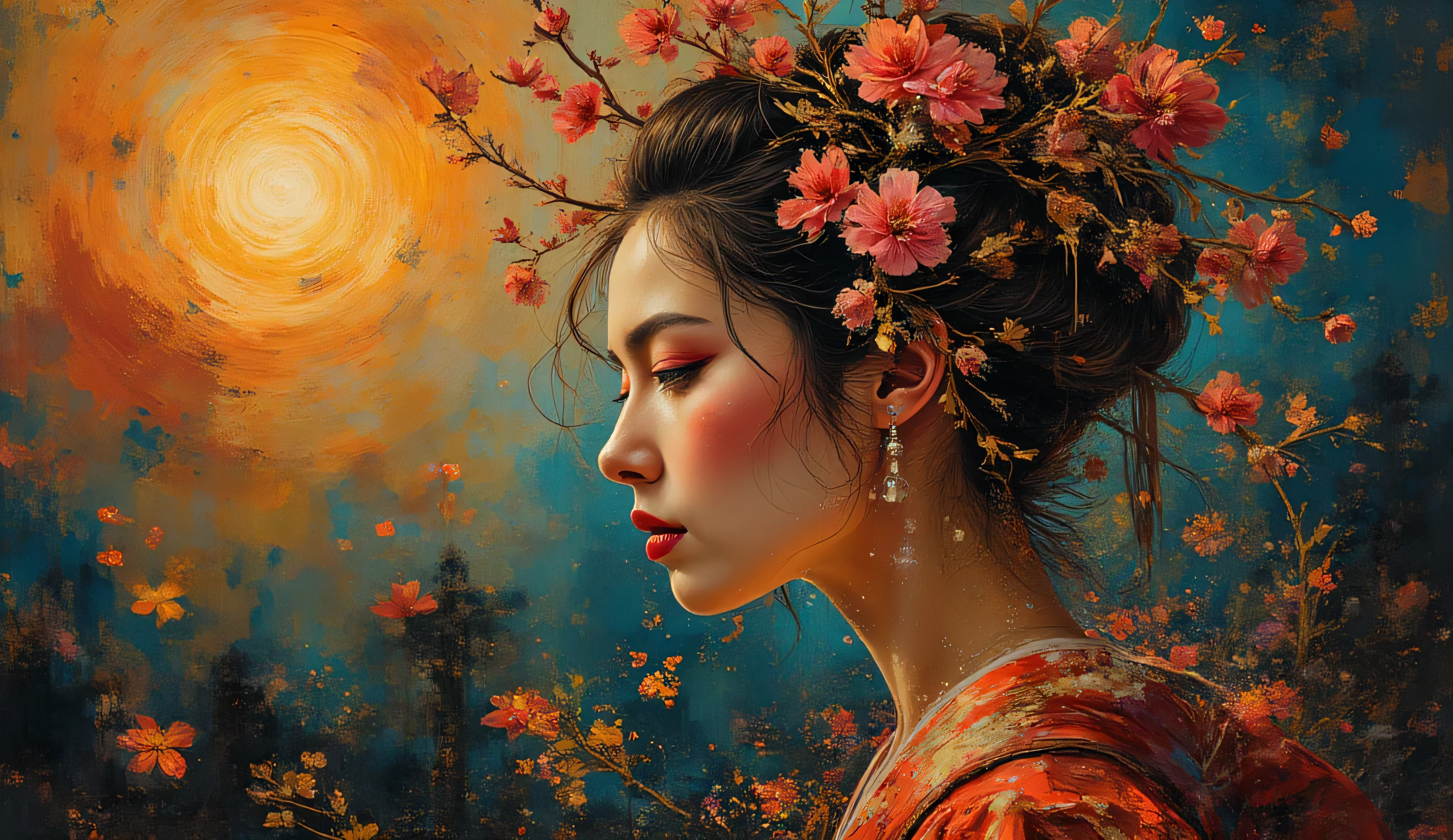  Beautiful Geisha , double exposure with blossom, glowing outer space background, dark hair, dark fantasy, intricate details, hyper detailed, Jean Baptiste Monge, Carne Griffiths, Michael Garmash, seb McKinnon, masterpiece, volumetric light, interpretation with explosive paint drips in gold and crimson, surreal double exposure merging geometric patterns, thick impasto brushstrokes, moody chiaroscuro lighting