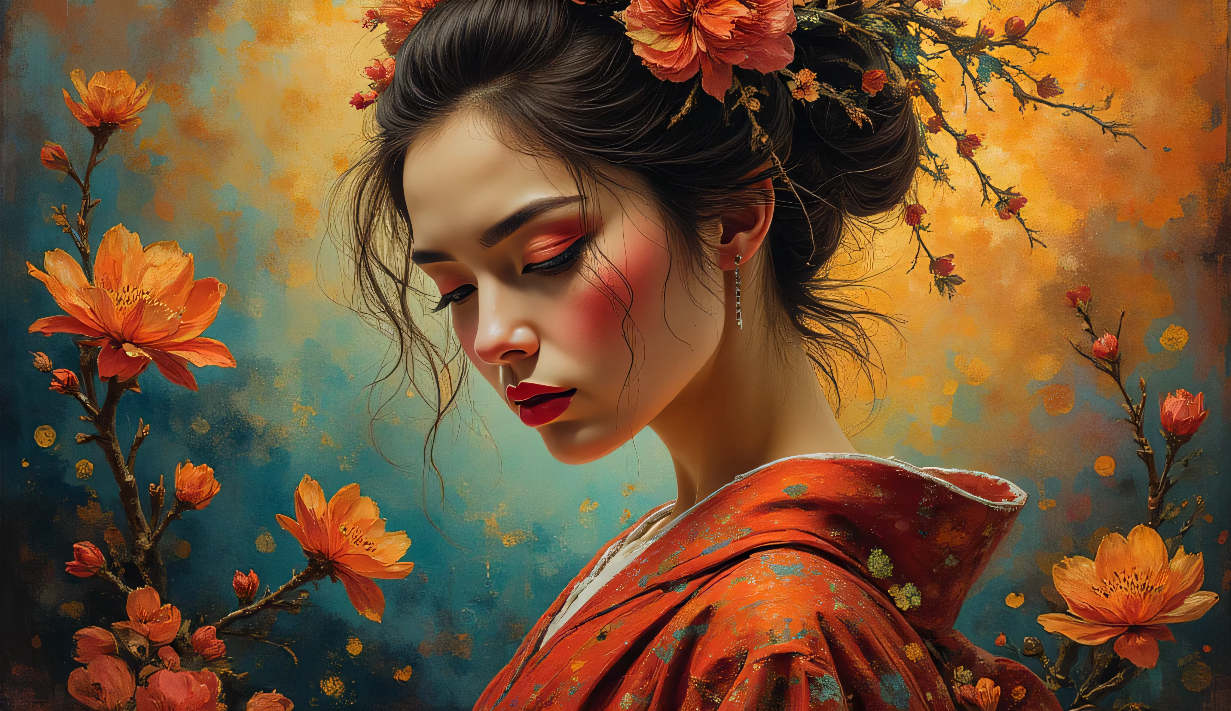 Beautiful Geisha , double exposure with blossom, glowing outer space background, dark hair, dark fantasy, intricate details, hyper detailed, Jean Baptiste Monge, Carne Griffiths, Michael Garmash, seb McKinnon, masterpiece, volumetric light, interpretation with explosive paint drips in gold and crimson, surreal double exposure merging geometric patterns, thick impasto brushstrokes, moody chiaroscuro lighting