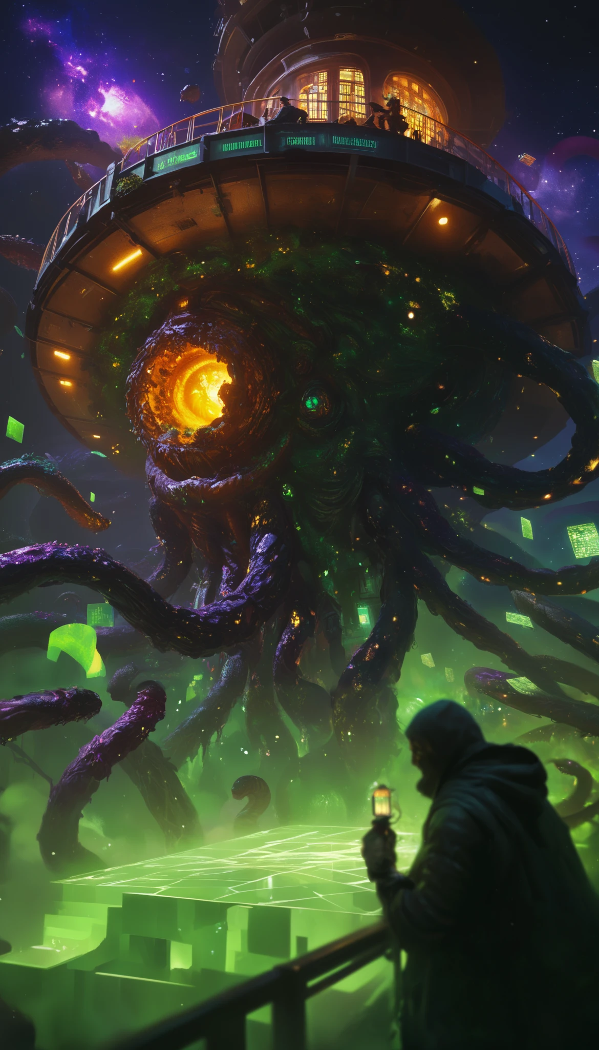 A gigantic floating cubic structure with dark , twisted tentacles , who radiates an intense green light from the circular patterns and illuminated eyes embedded in their faces. The scene has a dark and futuristic atmosphere ., with yellowish green lighting that envelops the entire space , full of geometric shapes and blocks suspended in the air . Two human figures look as if tiny in front of this monstrous entity ., highlighting its colossal scale . The atmosphere is oppressive and mysterious ., If the place were a prison or a temple of some cosmic deity . The style is a combination of science fiction and cosmic horror , with intricate details and a sense of alien grandeur .
