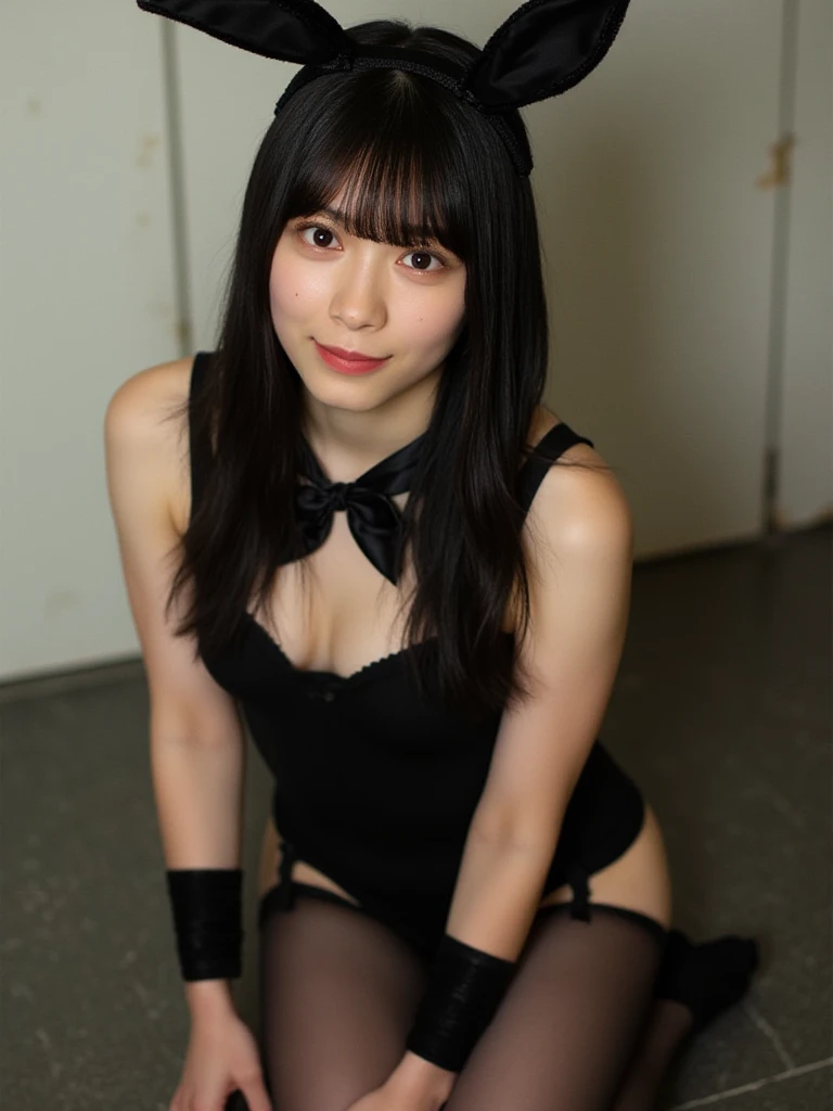 ((Highest quality, 8K, RAW Photos, masterpiece :1.3)), (Realistic、Photorealistic:1.37)、Very detailed、Ultra-high resolution, (Professional Lighting), alone, 1 female, alone, Seeing the viewer, (30 years old), Japanese, Beautiful and elaborate face, Shining Eyes, (Slim waist :1.3), Fine and beautiful skin, Skin Texture, 、A woman in a bunny suit in a library, Sitting on the floor, Background Characters々, Wrist cuff, Removed collar, fishing net, Black shiny outfit, Tight bunny suit, Beautiful Face, Lip details, crowded library、Silky beautiful hair、Medium Hair、Brown Hair、smile、Nipples、バニースーツの上からNipples、orgasm、Female dog