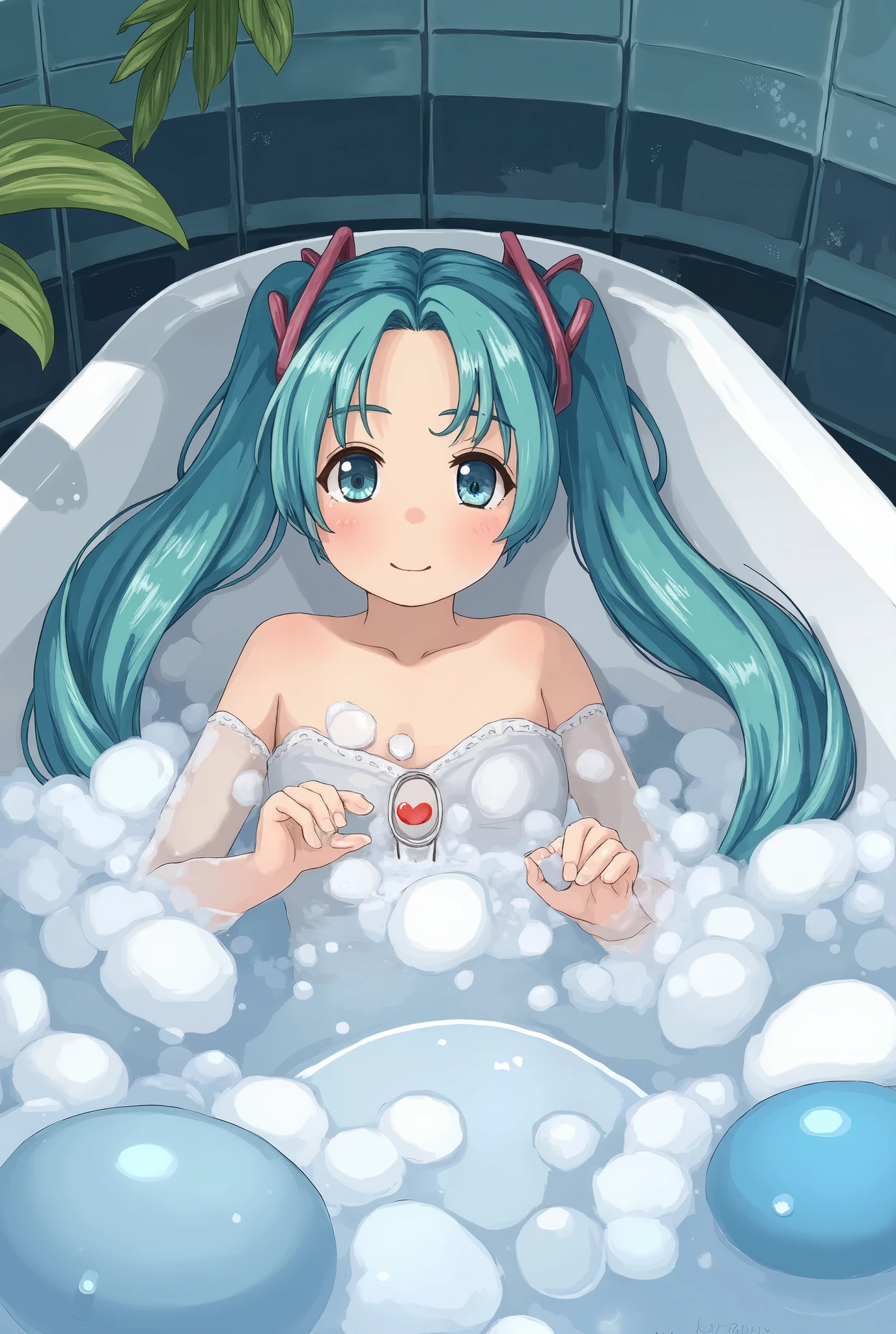 ( masterpiece、 top quality、 top quality、 Official Art、 beautiful and beautiful :1.2)、( one girl:1.3) Hatsune Miku、 twin tails, beautiful breasts, pros, by Nomi, Wong Ka-wai , A picture taken from above of a girl lying in the bathtub, She's Facing Front ,Pose scooping and spraying bubbles with hands 、She is taking a bath, she has beautiful makeup , A bathtub full of bubbles , A picture of bubbles flying in the foreground , SFW censored with soap bubbles, intricate and detailed
