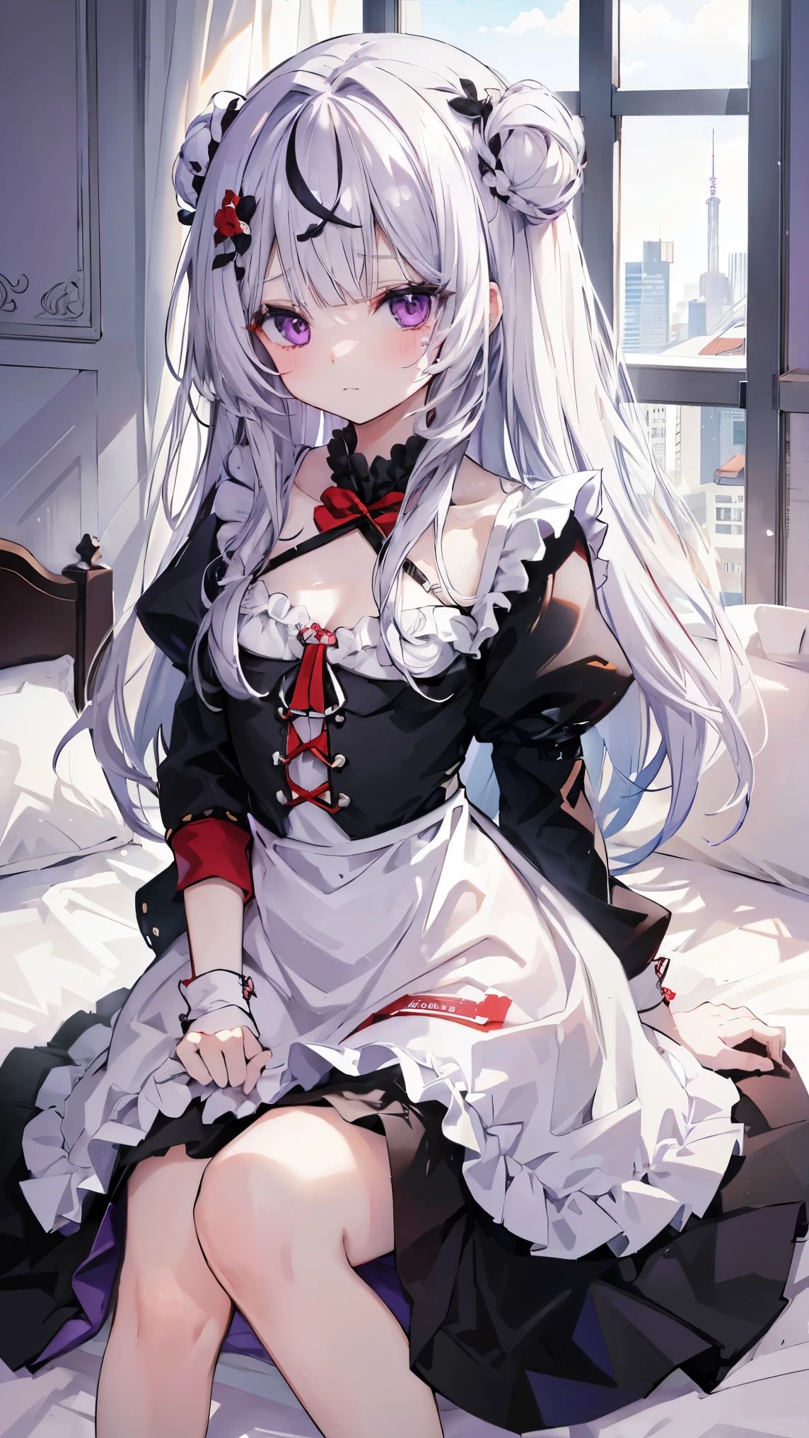 top quality、、(Whitening skin)、 black hair, long hair, purple eyes,,Petite、 Slim, small breasts, Slim,bedroom, maid clothes, frill,race, red face,Teary-eyed,