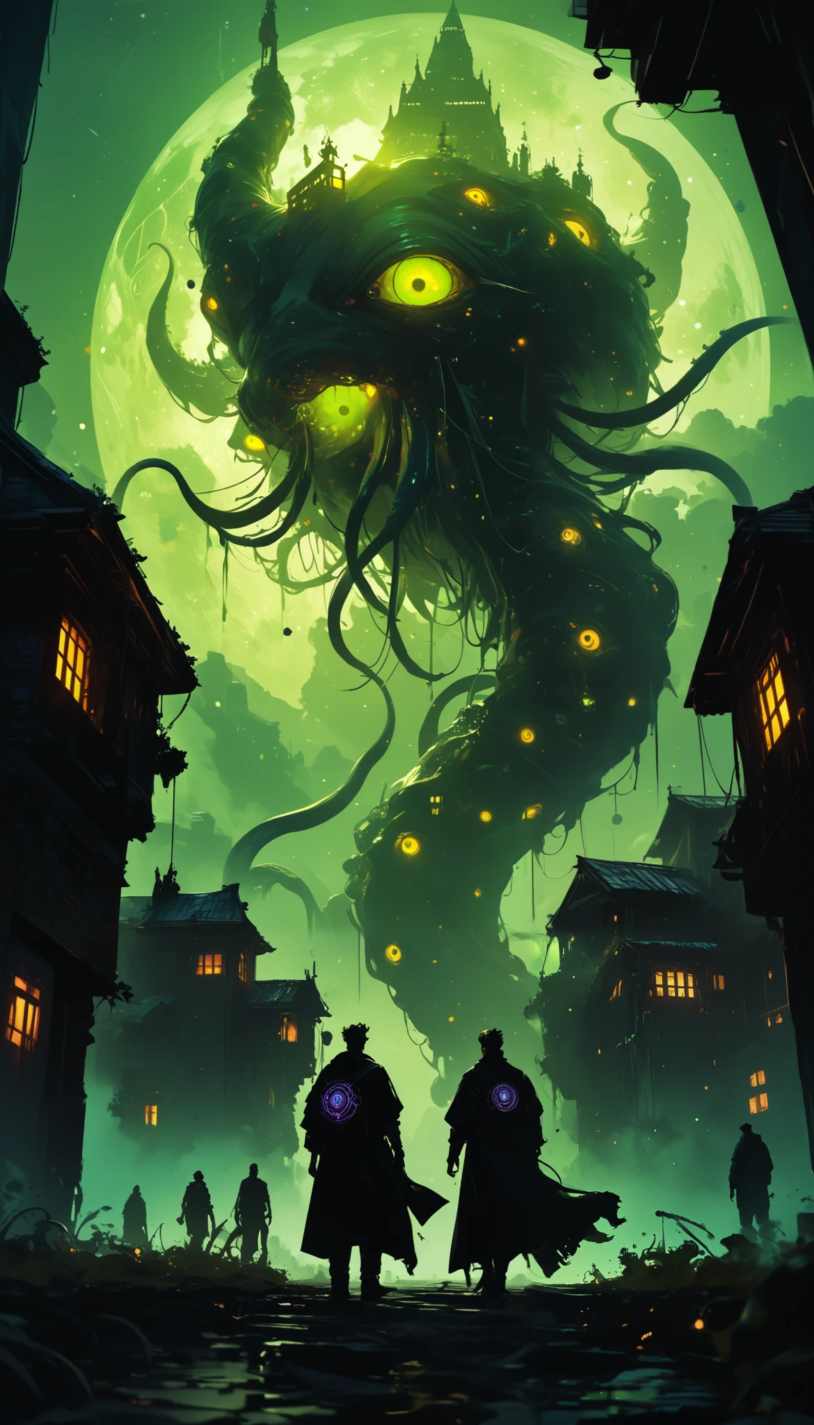 A gigantic floating cubic structure with dark , twisted tentacles , who radiates an intense green light from the circular patterns and illuminated eyes embedded in their faces. The scene has a dark and futuristic atmosphere ., with yellowish green lighting that envelops the entire space , full of geometric shapes and blocks suspended in the air . Two human figures look as if tiny in front of this monstrous entity ., highlighting its colossal scale . The atmosphere is oppressive and mysterious ., If the place were a prison or a temple of some cosmic deity . The style is a combination of science fiction and cosmic horror , with intricate details and a sense of alien grandeur .