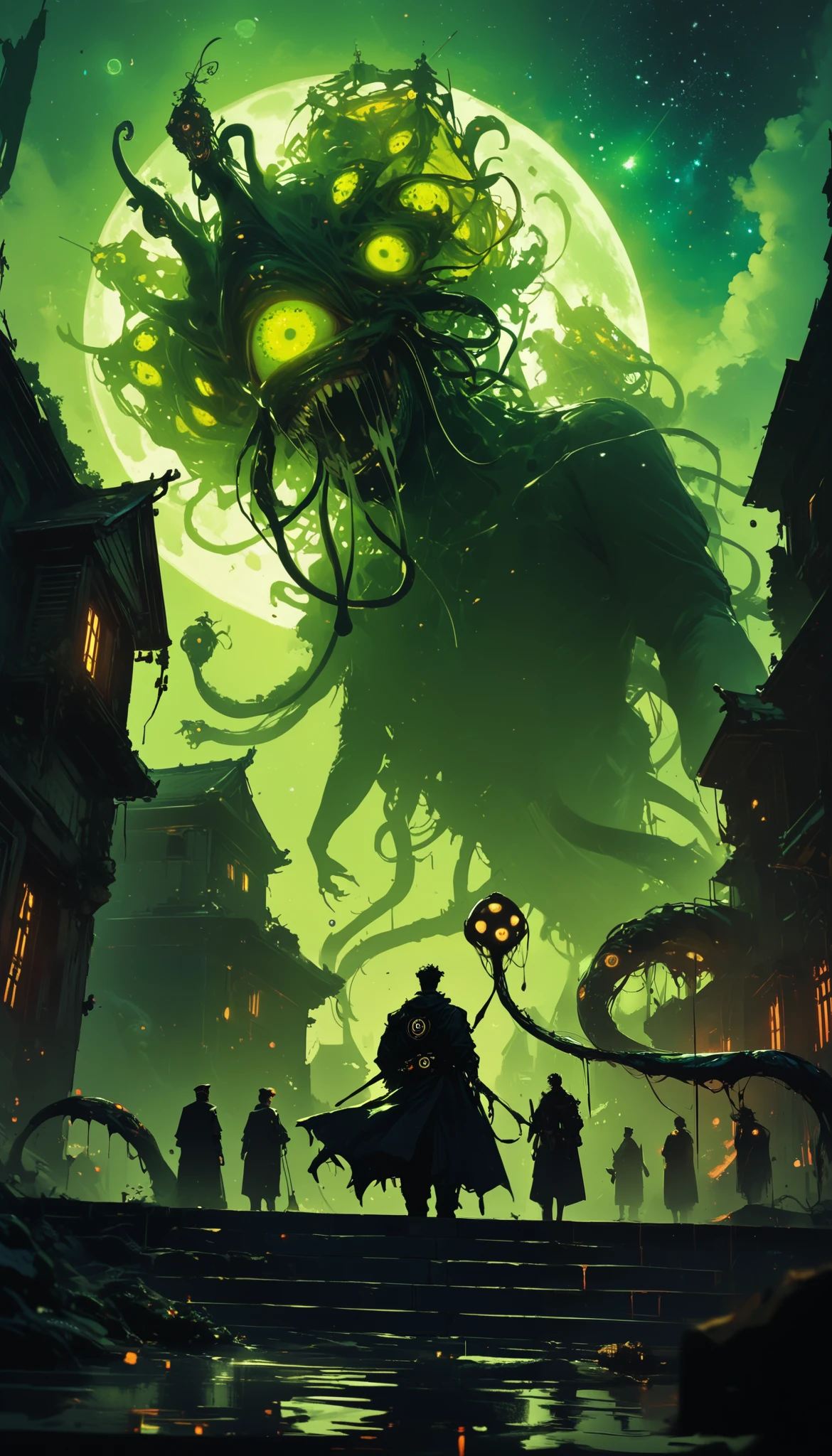 A gigantic floating cubic structure with dark , twisted tentacles , who radiates an intense green light from the circular patterns and illuminated eyes embedded in their faces. The scene has a dark and futuristic atmosphere ., with yellowish green lighting that envelops the entire space , full of geometric shapes and blocks suspended in the air . Two human figures look as if tiny in front of this monstrous entity ., highlighting its colossal scale . The atmosphere is oppressive and mysterious ., If the place were a prison or a temple of some cosmic deity . The style is a combination of science fiction and cosmic horror , with intricate details and a sense of alien grandeur .