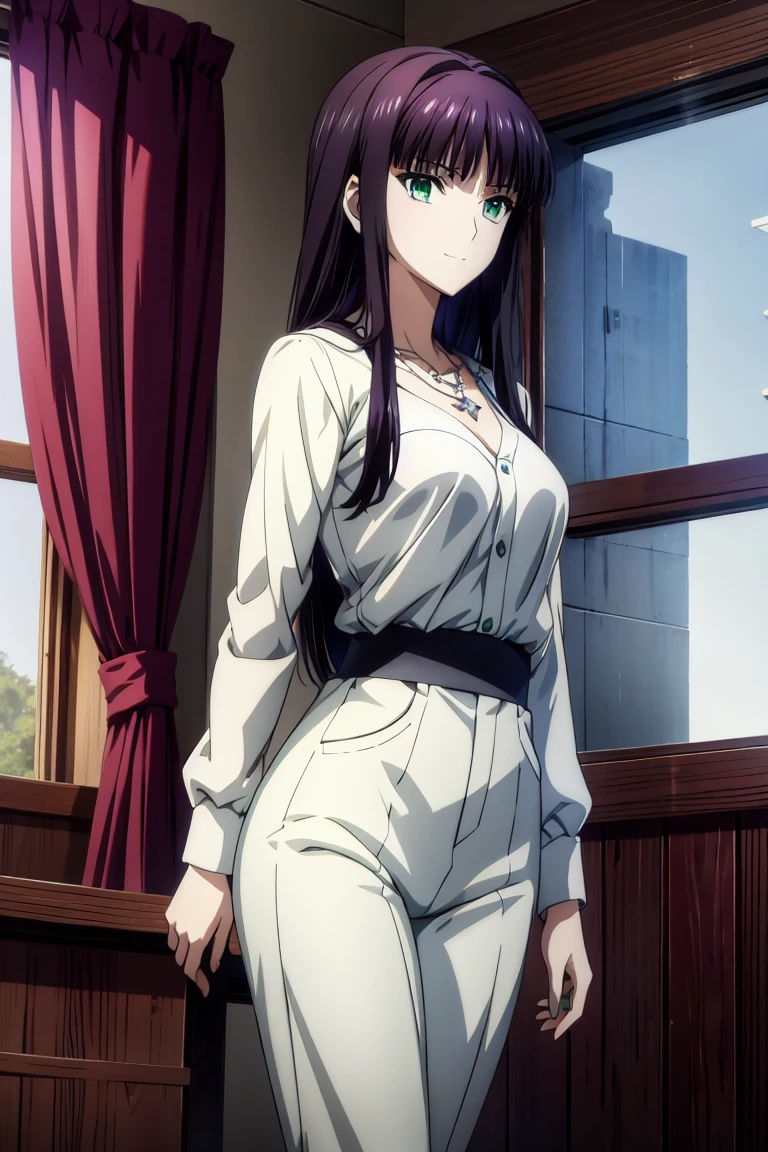 Connect UHD and 8K, 長い赤紫髪と緑の目をしたan anime girl,anime moe art style, 若いan anime girlの接写, Smooth Anime CG Art,beautiful anime high school girl, anime moe art style, a hyperrealistic schoolgirl, Seductive Anime Girl, an anime girl, 魅力的なan anime girl, a hyperrealistic schoolgirl, Anime Girl,8K UHD, hight resolution,Very detailed CG, High quality shadows, Detail Beautiful delicate face, ディテール美しいDelicat eyes,BREAK(Very detailed 8k wallpaper),(Highly detailed CG 8K wallpaper),Makima (chain saw man),Sukasaha (Fate/grand order),Shimohira Reihua ,Hi-Res,Very delicate and beautiful CG illustration,top-quality,Realistic skin feeling,Realistic fabric,Realistic texture,(((masutepiece))), (((Best Quality))),8K,32K,​masterpiece,beautiful alluring anime woman,ultra-definition,ultra-detailliert,hight resolution,a hyperrealistic schoolgirl,masuter piece, Best Quality, High quality, High Definition, high quality texture, high quality shadow, high detailing,finely detail,1girl in,High school students,Solo,Soio,Only one person,Alone,One Person,taki,Mature atmosphere,neat and long legs,Beautiful udder,beautiful thigh,toned legs,Footboard beauty,big breasts thin waist,mature body girl,Reddish-purple hair,Reddish-purple hair,Purple hair,cassis colored hair,silky and smooth hair,Colorful hair,Straight hair,Smile,Smiling happily,lively expression,Cute smile,Cool Beauty,Beautuful Women,Neat face, Beautiful realism,Seductive look,Bewitching look,serene expressions,beautiful hairl,A slight smil,Colorful eyes,green colored eyes,Jade-colored eyes,beautidful eyes,Bright eye,Delicat eyes,Eyes Like Gems,Jade Eyes,Hanging eyes,(Green eyes:1.5),Seductive face,8 Head Body,stature:171cm,彼女は首にNecklace身に着けています,Necklace,bead necklace,magatama accessories,A slight smil,Colorful eyes,green colored eyes,Jade-colored eyes,beautidful eyes,Bright eye,Delicat eyes,Eyes Like Gems,Jade Eyes,Hanging eyes,(Green eyes:1.5),Seductive face,Model photo,, Tachi-e, high detailing, Modern, romanticism, Realism, Hyper-Realism, Cinematic lighting, Ray tracing, Fujicolor, cowboy  shot, 8K, Super Detail, ccurate, Best Quality, 16 K, Super Detail,Red_neck tie,((White collared shirt)),suits,pantsuit