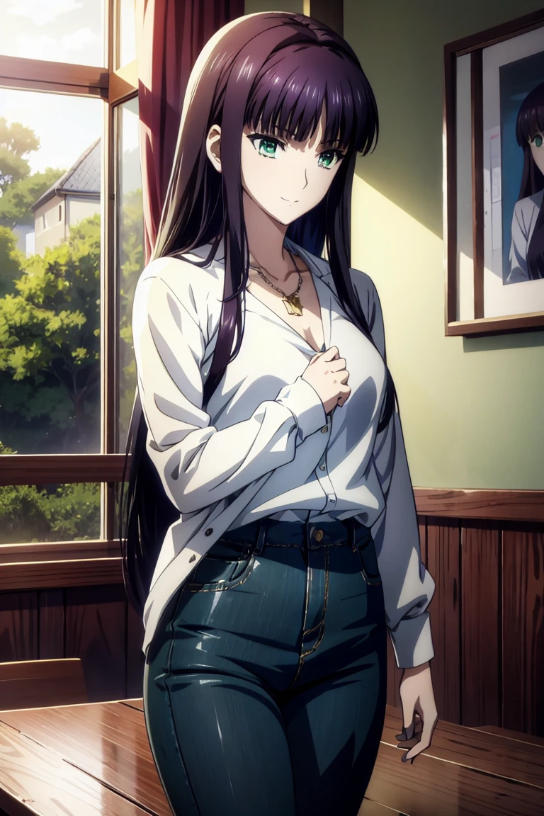 Solo, cowboy shot,Sonoda umi, long straight hair, short black pencil skirt, white shirt,cleavage,blushing, sitting, in cafe