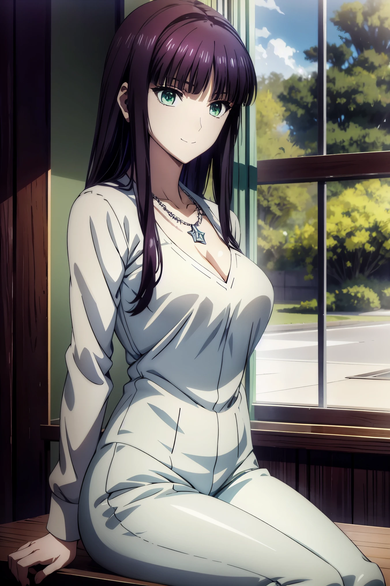 An anime girl in a white sweater and jeans is standing in the room, Another Iwakura, close up Another Iwakura, destiny アニメスタイル /Stay, Official Anime Scene Pictures , attractive anime girl , anime best girl , A girl with dark hair is wearing her head , cute anime girl, Official Studio Anime Stills , Green Eyes, UHD and 8K Connection , high resolution, Sophisticated CG , high quality shadows, details beautiful delicate face , Beautiful Delicate Eyes ,break( Ultra-fine8K壁紙),( high resolutionの DetailsなCG 8Kの壁紙),Makima ( chainsaw man), Sukasach ( destiny / GRAND ORDER REQUIRED ),Reika Shimodaira , portable , Very Delicate and Beautiful CG Illustration ,最 high quality , Real Feel ,Realistic Fabric, realistic texture , beautiful thighs, big breasted 、 slim waist,((( Masterpiece))), (((最 high quality ))),8k,32K, Masterpiece, Beautiful Attractive Anime Woman , Ultra-fine, 非常に Detailsな , high resolution, Super Realistic High School Student , Masseter region , 最 high quality , high quality , high image quality , high qualityのテクスチャ, high quality シャドウ, 高い Details, Details,1 personの少女, high school student seen from the side , alone,I,1 person, alone,1 person, tall ,AS-Adult, adult ,Leg length, beautiful long legs ,8 heads, Statue :171cm, mature girl ,赤 purple hair,赤 purple hair, purple hair, Black Currant Hair , silky smooth hair, colorful hair, 4 Straight Hair ,smile, smiling happily , Vivid Expression ,かわいいsmile,Cool Beauty, Beautiful Woman with Sweaty Face, pretty face, Beautiful realism, cross , Bewitching looks ,Quiet look, beautiful hair,She wears a necklace around her neck, necklace, ビーズ necklace ,Magatama Accessories,smile, colorful eyes, Green Eyes,Jade Green Eyes, beautiful eyes, bright eyes,Delicat eyes, Jewel Eyes ,Jade Eyes, droopy eyes ,( Green Eyes:1.5), enchanting face ,175 cm tall
