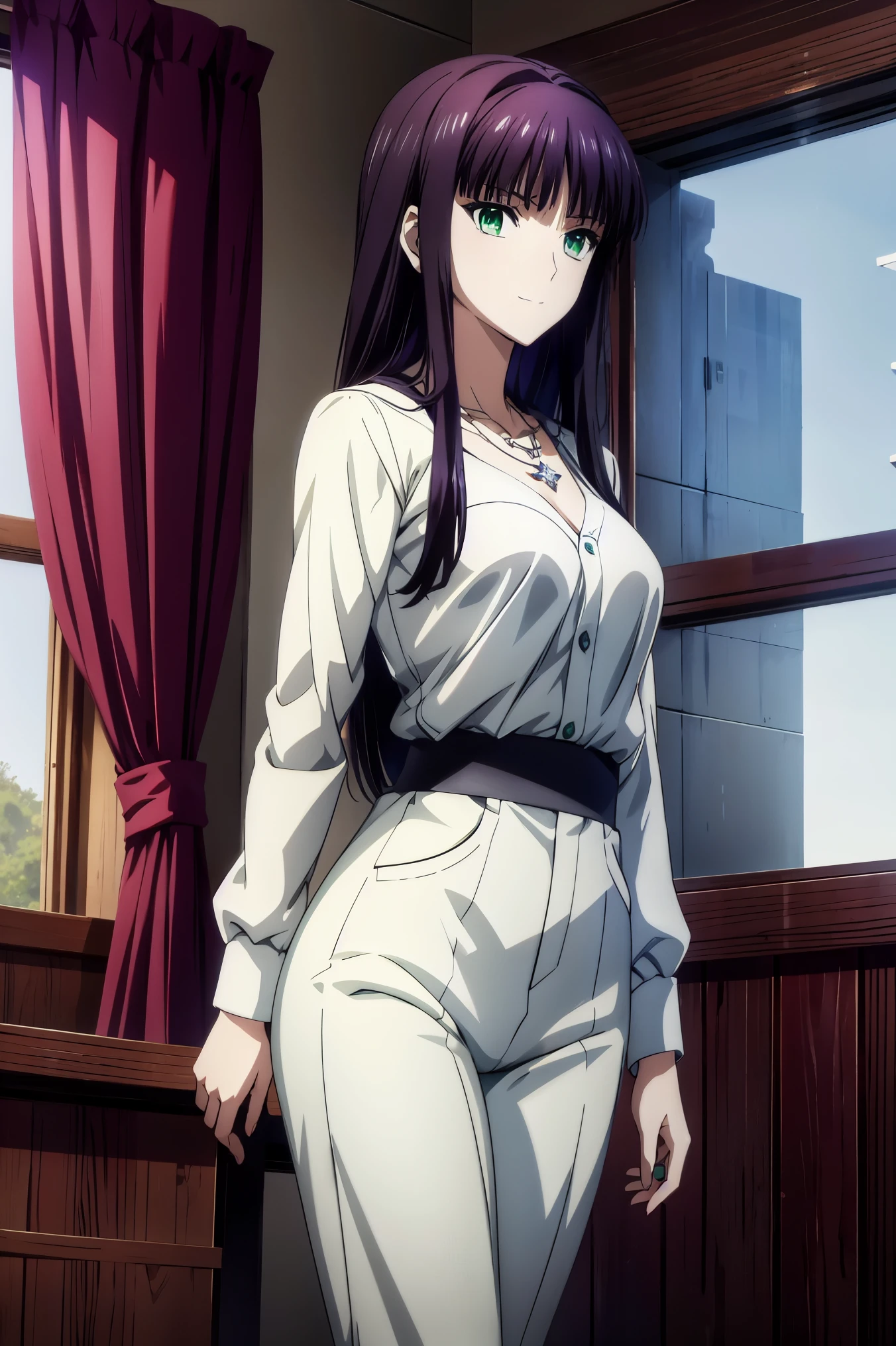 An anime girl in a white sweater and jeans is standing in the room, Another Iwakura, close up Another Iwakura, destiny アニメスタイル /Stay, Official Anime Scene Pictures , attractive anime girl , anime best girl , A girl with dark hair is wearing her head , cute anime girl, Official Studio Anime Stills , Green Eyes, UHD and 8K Connection , high resolution, Sophisticated CG , high quality shadows, details beautiful delicate face , Beautiful Delicate Eyes ,break( Ultra-fine8K壁紙),( high resolutionの DetailsなCG 8Kの壁紙),Makima ( chainsaw man), Sukasach ( destiny / GRAND ORDER REQUIRED ),Reika Shimodaira , portable , Very Delicate and Beautiful CG Illustration ,最 high quality , Real Feel ,Realistic Fabric, realistic texture , beautiful thighs, big breasted 、 slim waist,((( Masterpiece))), (((最 high quality ))),8k,32K, Masterpiece, Beautiful Attractive Anime Woman , Ultra-fine, 非常に Detailsな , high resolution, Super Realistic High School Student , Masseter region , 最 high quality , high quality , high image quality , high qualityのテクスチャ, high quality シャドウ, 高い Details, Details,1 personの少女, high school student seen from the side , alone,I,1 person, alone,1 person, tall ,AS-Adult, adult ,Leg length, beautiful long legs ,8 heads, Statue :171cm, mature girl ,赤 purple hair,赤 purple hair, purple hair, Black Currant Hair , silky smooth hair, colorful hair, 4 Straight Hair ,smile, smiling happily , Vivid Expression ,かわいいsmile,Cool Beauty, Beautiful Woman with Sweaty Face, pretty face, Beautiful realism, cross , Bewitching looks ,Quiet look, beautiful hair,She wears a necklace around her neck, necklace, ビーズ necklace ,Magatama Accessories,smile, colorful eyes, Green Eyes,Jade Green Eyes, beautiful eyes, bright eyes,Delicat eyes, Jewel Eyes ,Jade Eyes, droopy eyes ,( Green Eyes:1.5), enchanting face ,175 cm tall