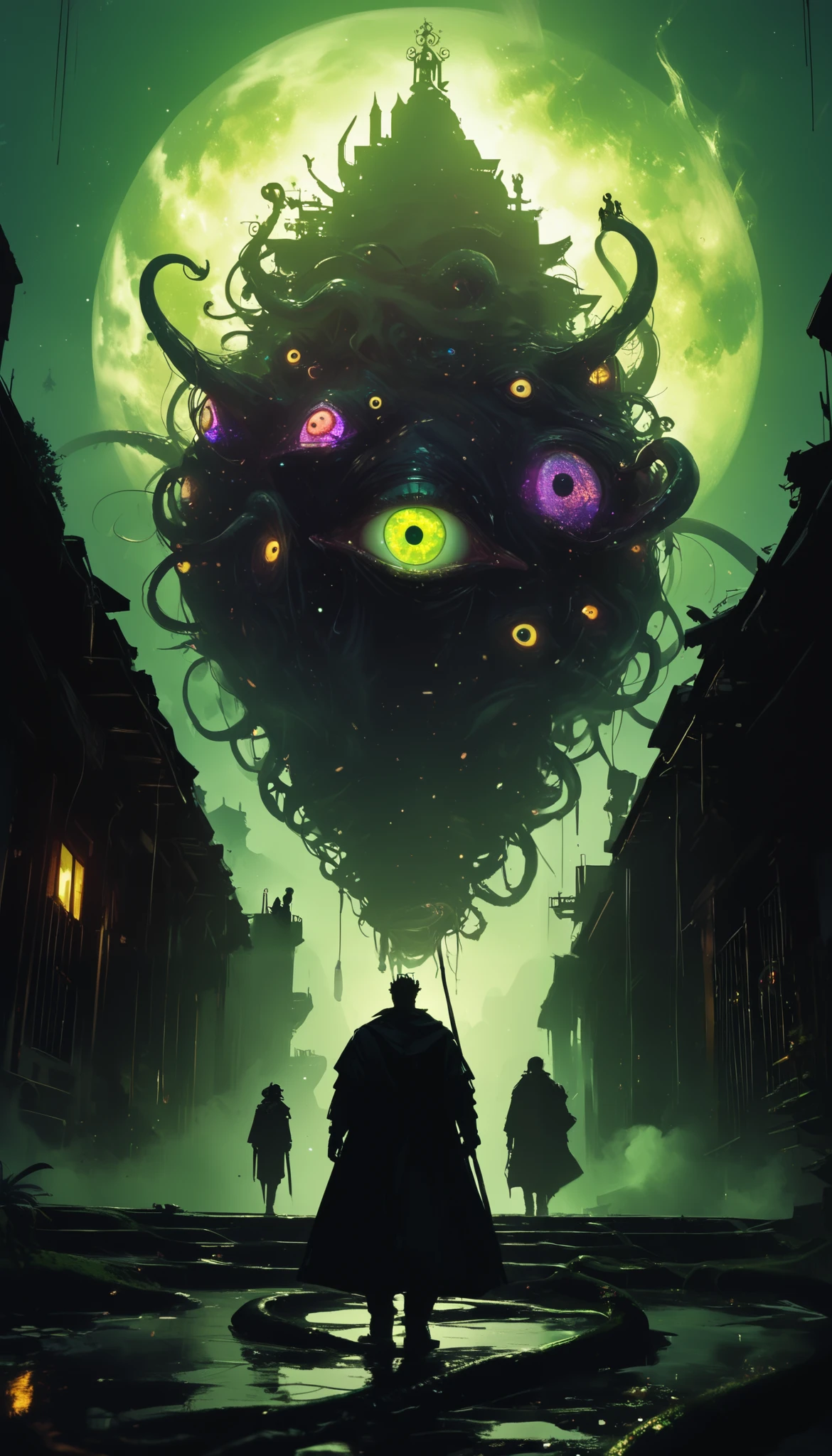  A gigantic floating cubic structure with dark ,  twisted tentacles ,  who radiates an intense green light from the circular patterns and illuminated eyes embedded in their faces.  The scene has a dark and futuristic atmosphere .,  with yellowish green lighting that envelops the entire space ,  full of geometric shapes and blocks suspended in the air .  Two human figures look as if tiny in front of this monstrous entity ., highlighting its colossal scale .  The atmosphere is oppressive and mysterious .,  If the place were a prison or a temple of some cosmic deity .  The style is a combination of science fiction and cosmic horror ,  with intricate details and a sense of alien grandeur .iridescent eyes