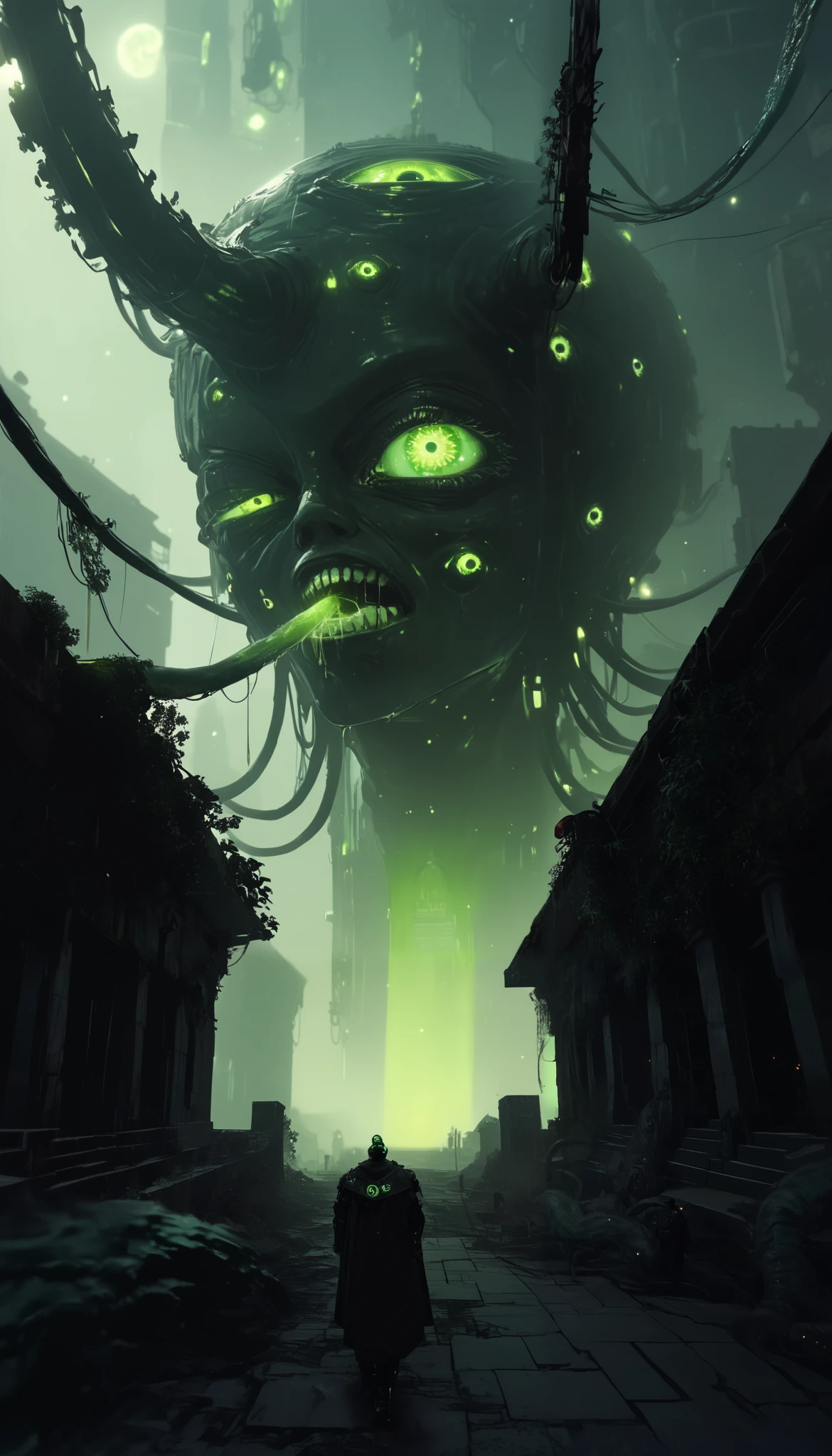 A gigantic floating cubic structure with dark , twisted tentacles , who radiates an intense green light from the circular patterns and illuminated eyes embedded in their faces. The scene has a dark and futuristic atmosphere ., with yellowish green lighting that envelops the entire space , full of geometric shapes and blocks suspended in the air . Two human figures look as if tiny in front of this monstrous entity ., highlighting its colossal scale . The atmosphere is oppressive and mysterious ., If the place were a prison or a temple of some cosmic deity . The style is a combination of science fiction and cosmic horror , with intricate details and a sense of alien grandeur .