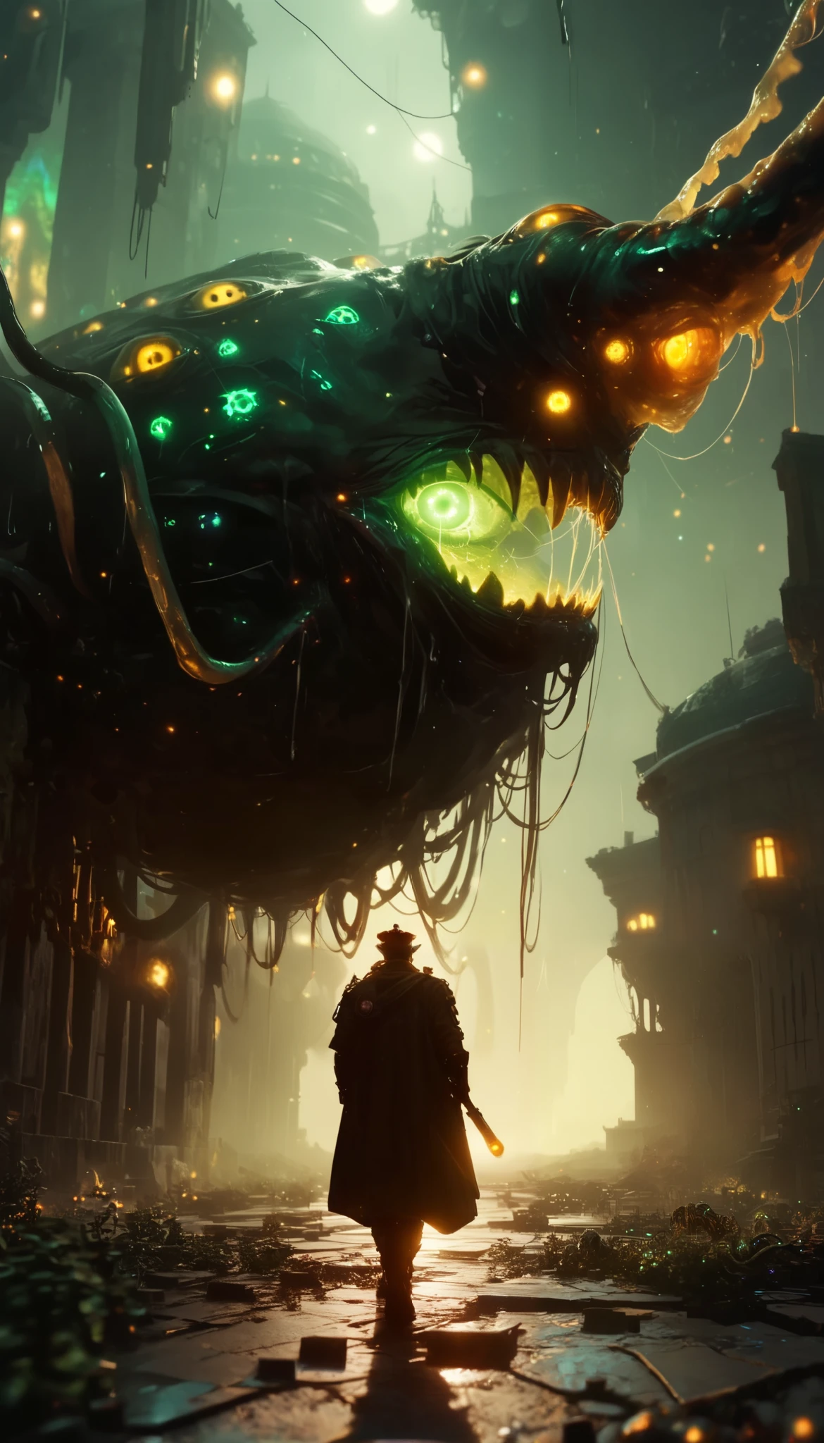 A gigantic floating cubic structure with dark , twisted tentacles , who radiates an intense green light from the circular patterns and illuminated eyes embedded in their faces. The scene has a dark and futuristic atmosphere ., with yellowish green lighting that envelops the entire space , full of geometric shapes and blocks suspended in the air . Two human figures look as if tiny in front of this monstrous entity ., highlighting its colossal scale . The atmosphere is oppressive and mysterious ., If the place were a prison or a temple of some cosmic deity . The style is a combination of science fiction and cosmic horror , with intricate details and a sense of alien grandeur .iridescent eyes