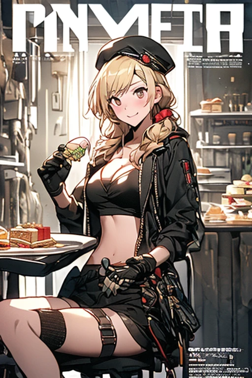 ubel,dark green hair,long hair,side ponytail,hair between eyes,bangs, BREAK (beret, black jacket, open clothes, cleavage, midriff, black shorts, black thighhighs, thigh strap, fingerless gloves, single glove:1.2), (double breasted,under bust:1.2),  sitting at a table, cute,  highest quality visual of a cute girl,eating cakes, young girl, guweiz, high quality artstyle, girl, artwork in the style of guweiz, beautiful girl, pretty girl, official artwork