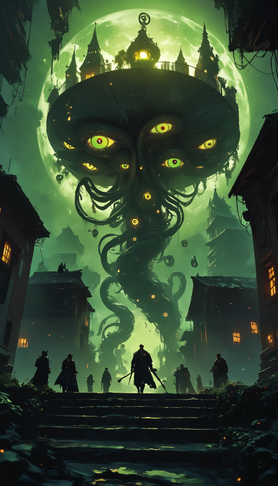 A gigantic floating cubic structure with dark , twisted tentacles , who radiates an intense green light from the circular patterns and illuminated eyes embedded in their faces. The scene has a dark and futuristic atmosphere ., with yellowish green lighting that envelops the entire space , full of geometric shapes and blocks suspended in the air . Two human figures look as if tiny in front of this monstrous entity ., highlighting its colossal scale . The atmosphere is oppressive and mysterious ., If the place were a prison or a temple of some cosmic deity . The style is a combination of science fiction and cosmic horror , with intricate details and a sense of alien grandeur .iridescent eyes