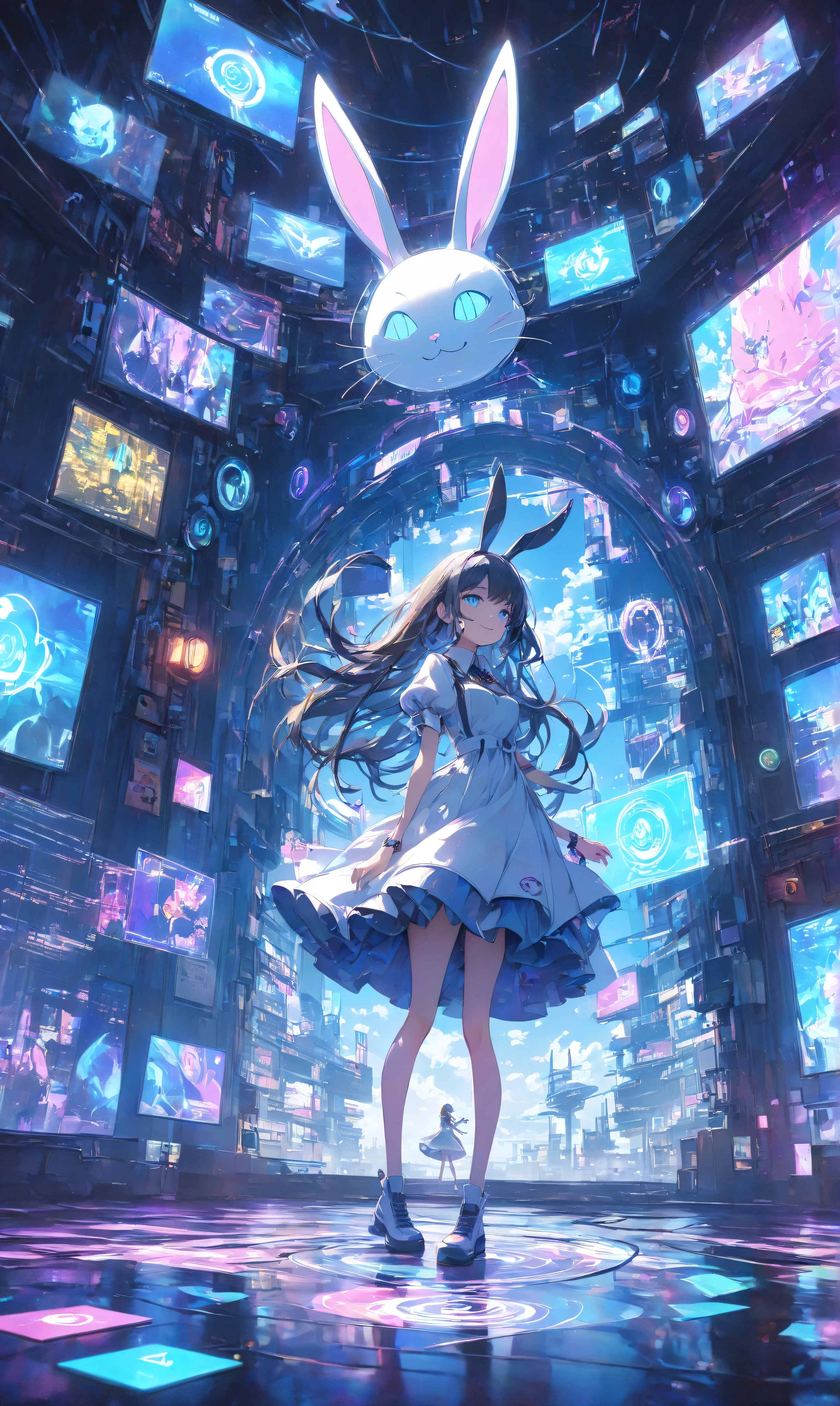 Masterpiece, high quality, high resolution, 16K, 3D, meticulously rendered backgrounds, Makoto Shinkai illustrations, vibrant colours, cinematic lighting, digital painting, cyberpunk Alice in a futuristic Wonderland, circuitry glowing high-tech dress, hologram white with neon watch chasing rabbit, digital Cheshire cat smiling in the air, digital card floating in background, neon-lit dreamy cyberspace, cinematic angles