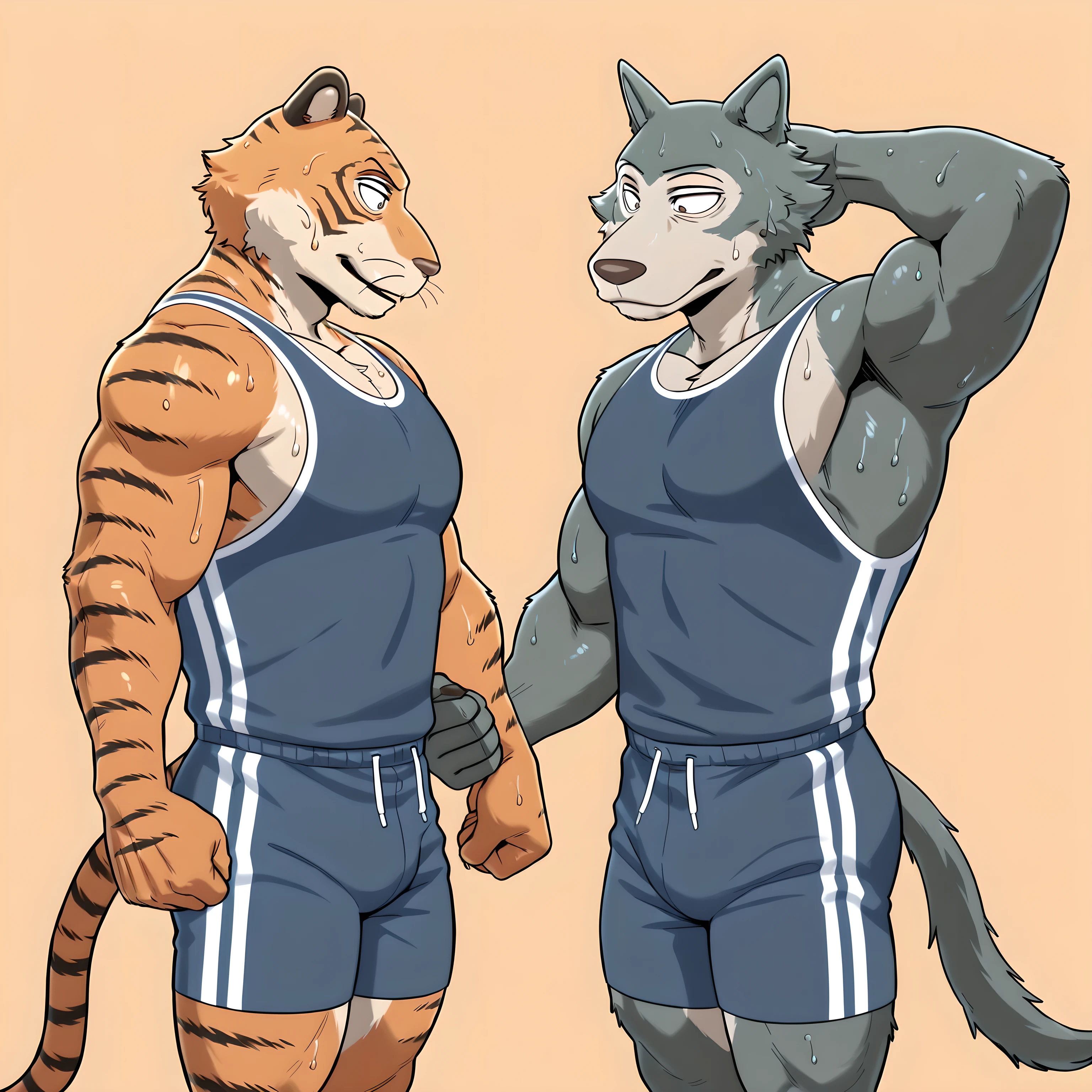 l3gosh1, beastars, male, wolf, muscular, athletic, masculine, BillBeastars, male, anthro, bengal tiger, tiger, beastars, brown eyes, muscular male, athletic build, orange fur, black stripes, flat color, sweaty wrestling_singlet, simple background, sweaty body, two characters, multiple characters, standing, flexing bicep, looking at each other, wolf tail