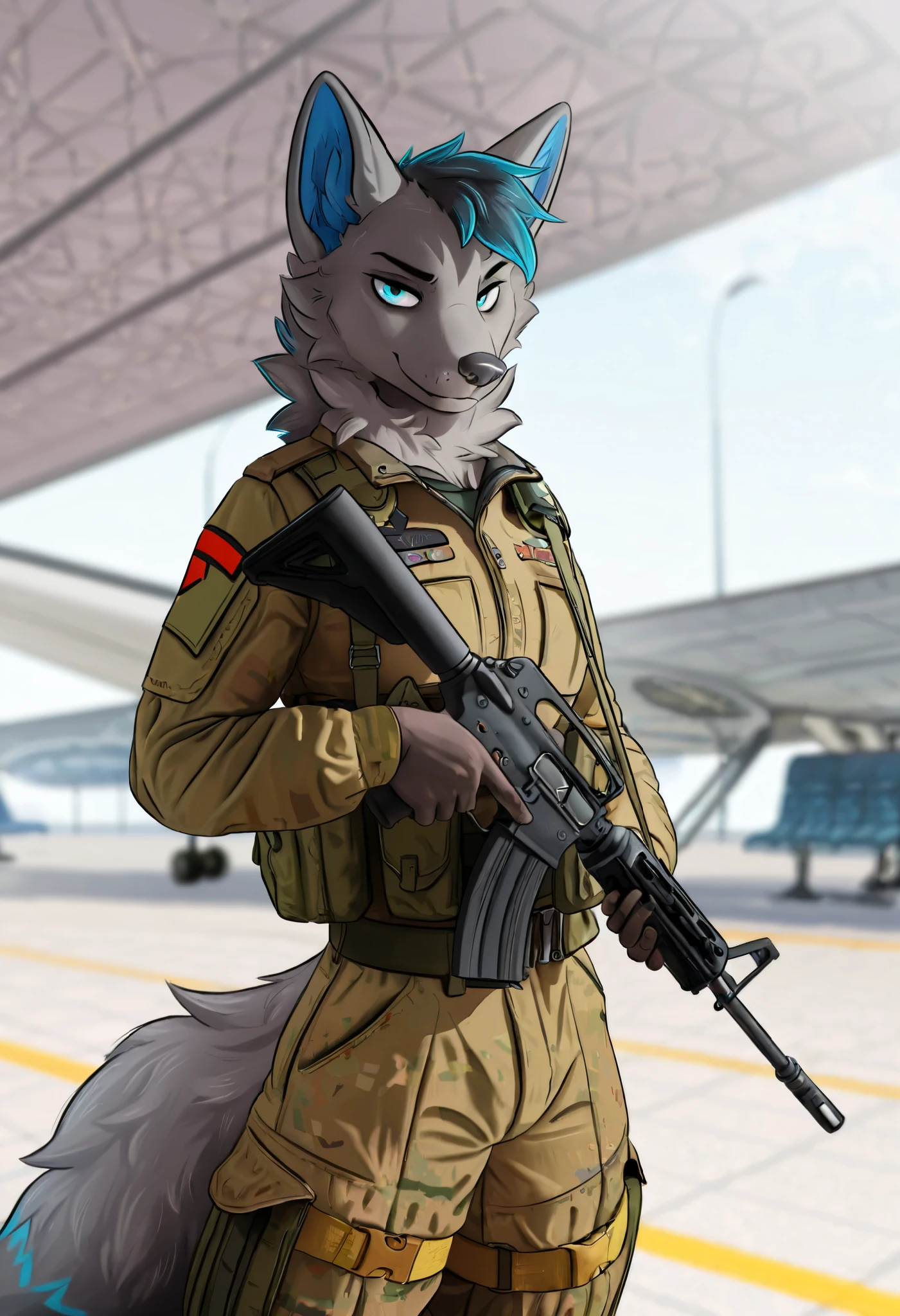 masterpiece, best quality, amazing quality, very aesthetic, high resolution, ultra-detailed, absurdres, newest, scenery, furry, body fur, YuriOC, grey fur, male, solo, military suit, military clothed, blue eyes, airport, standing, looking at viewer, outside, close up, holding an m16 assault rifle , greatm8 style, BREAK, detailed background, detailed fluffy fur, depth of field, masterpiece, best quality, amazing quality, very aesthetic, high resolution, ultra-detailed, absurdres, newest, scenery,