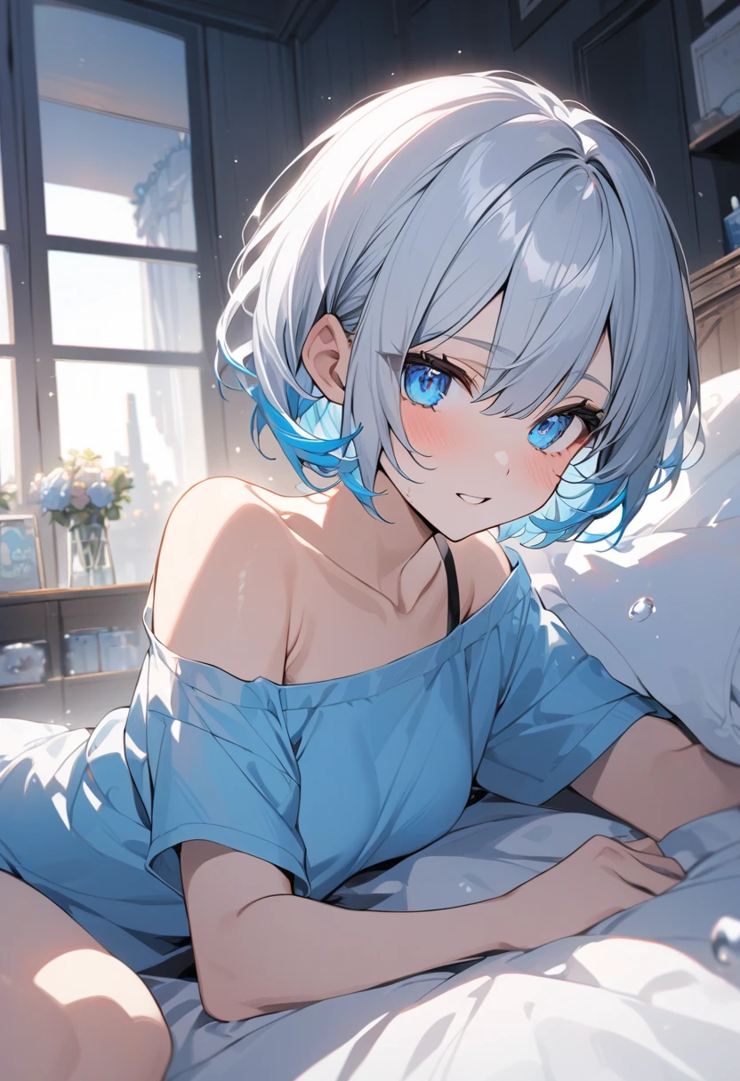 (Highest qualityのイラスト:1.2), (pretty girl:1.1), (1 girl、17 years old、Highest qualityのイラスト:1.2), (1 girl、smile、Very detailedな目:1.2)、Bright blue hair、Short Bob Hair、(Highest quality、Very detailed、Very detailed and beautiful、Ultra-high resolution) 、Late night bedroom、Lying on one's back in bed、Lingerie、