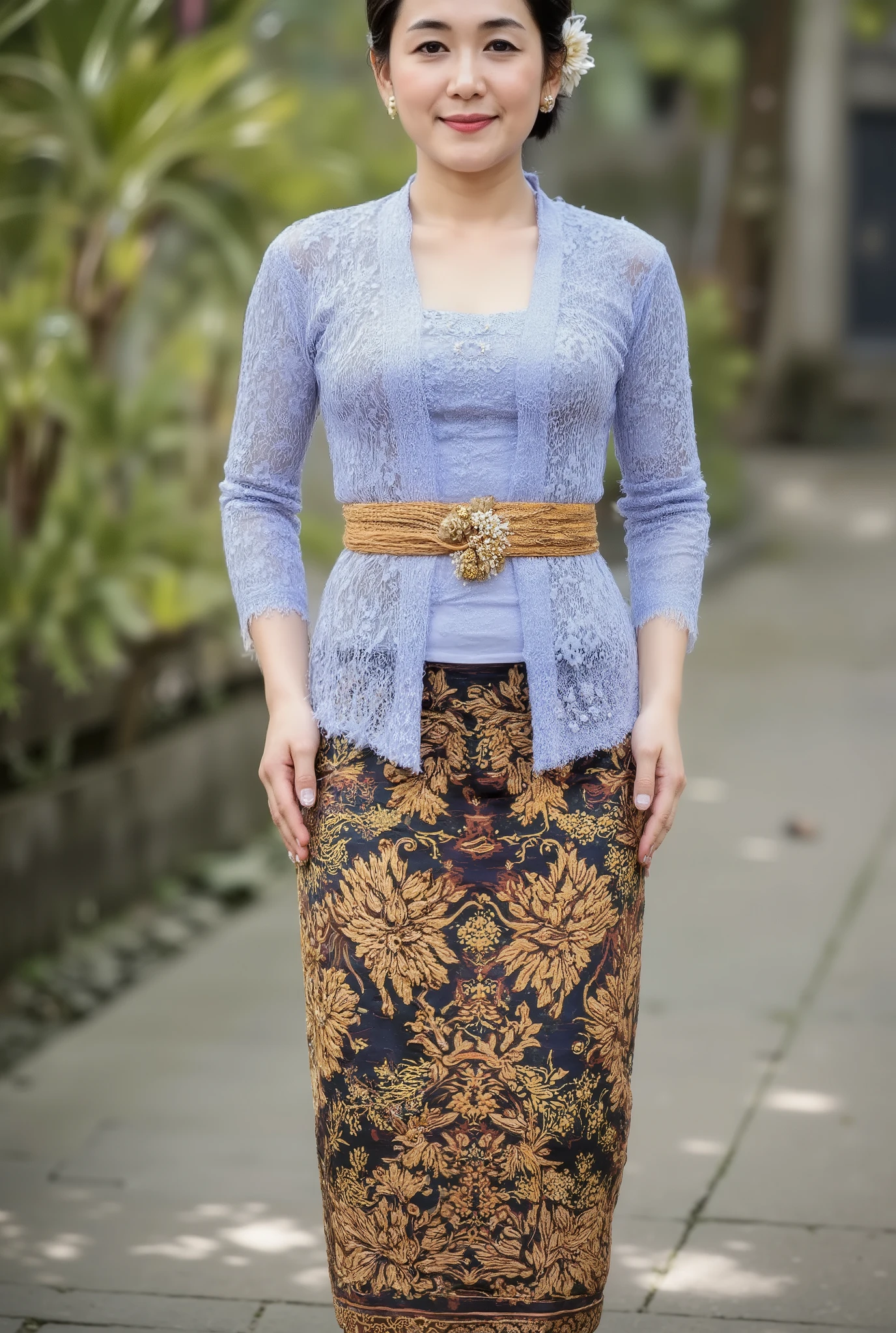 Asian young woman wearing traditional Lanna Thai attire,slightly fat, thin smile, pixiecut black hair,dressed in a beautifully embroidered blue silk blouse and a long traditional skirt with intricate patterns, accessorized with silver jewelry and a floral hairpiece. Posing under a wild Himalayan Cherry tree at Chiangmai mountain street. Focus on the intricate details of the dress and the atmospheric lighting. Photorealistic, detailed textures on fabric and jewelry. Medium shot, slightly angled from below, highlighting her attire and posture against the scenic background. she was on the green garden, Ultra-high resolution, 4K quality for crisp details.
