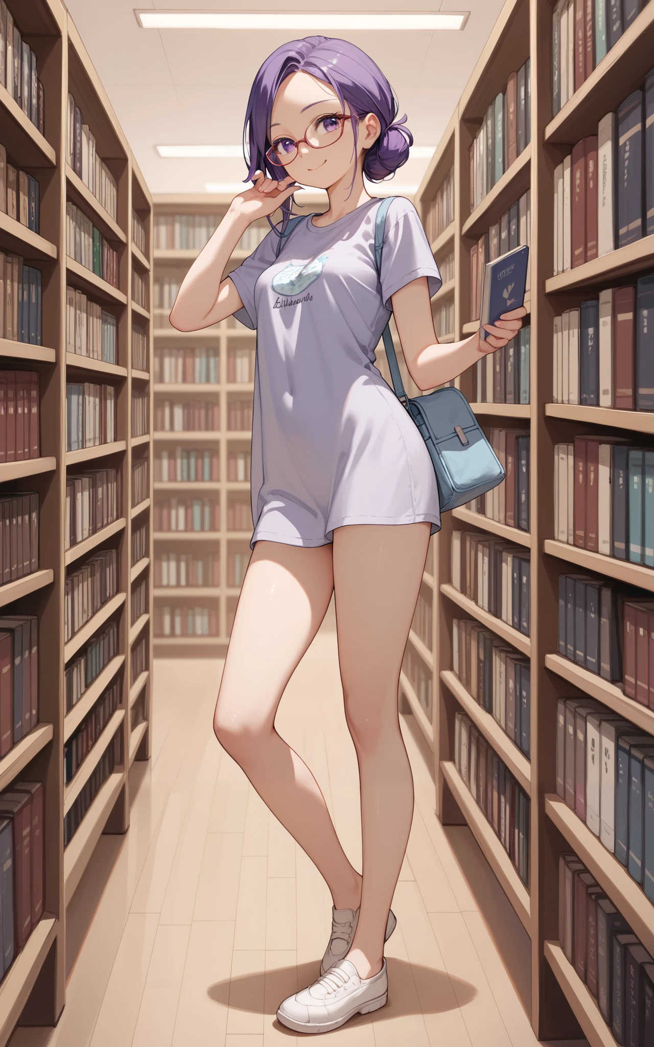 female, purple  hair, parted bangs, romantic low bun, purple eyes, glasses, Library, t-shirt, Smile, full body, Small Breasts, anime, 