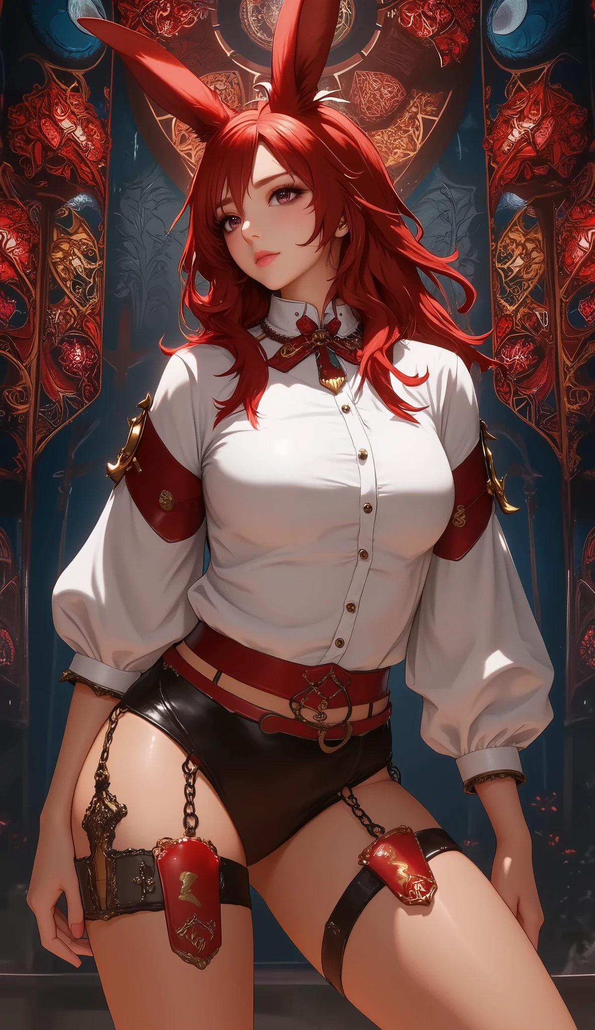 2D, Masterpiece, top quality, Anime, highly detailed face, with very elaborate eyes, Highly Detailed Background, with perfect lighting, 1 Viera girl, Alone, full body, standing , LATEX LEG WEAR , white shirt, Red Hair, Amulets