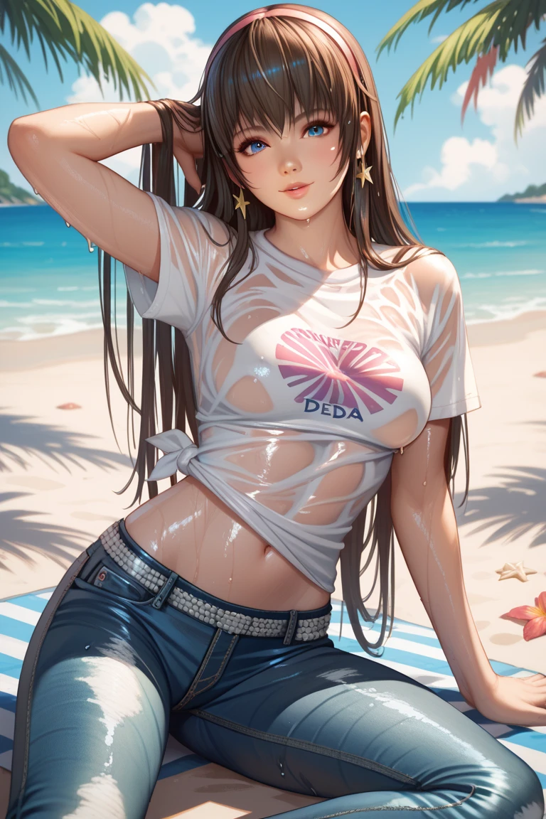 (8K、Highest quality、Highest quality、masterpiece)、Detailed face、One Girl、(Brown Skin:1.2)、Long Hair、Red Eyes、Serious、(Red Tank Top、Denim hot shorts、Open Shorts、Unziped shorts、Mini jeans Shorts、No Panties、NoPanties、Spread pussy、heart cutout)、labia view、Beach、cloud、vagina、Pussy Lip、Wedgie between Pussy Lips、Big Breasts