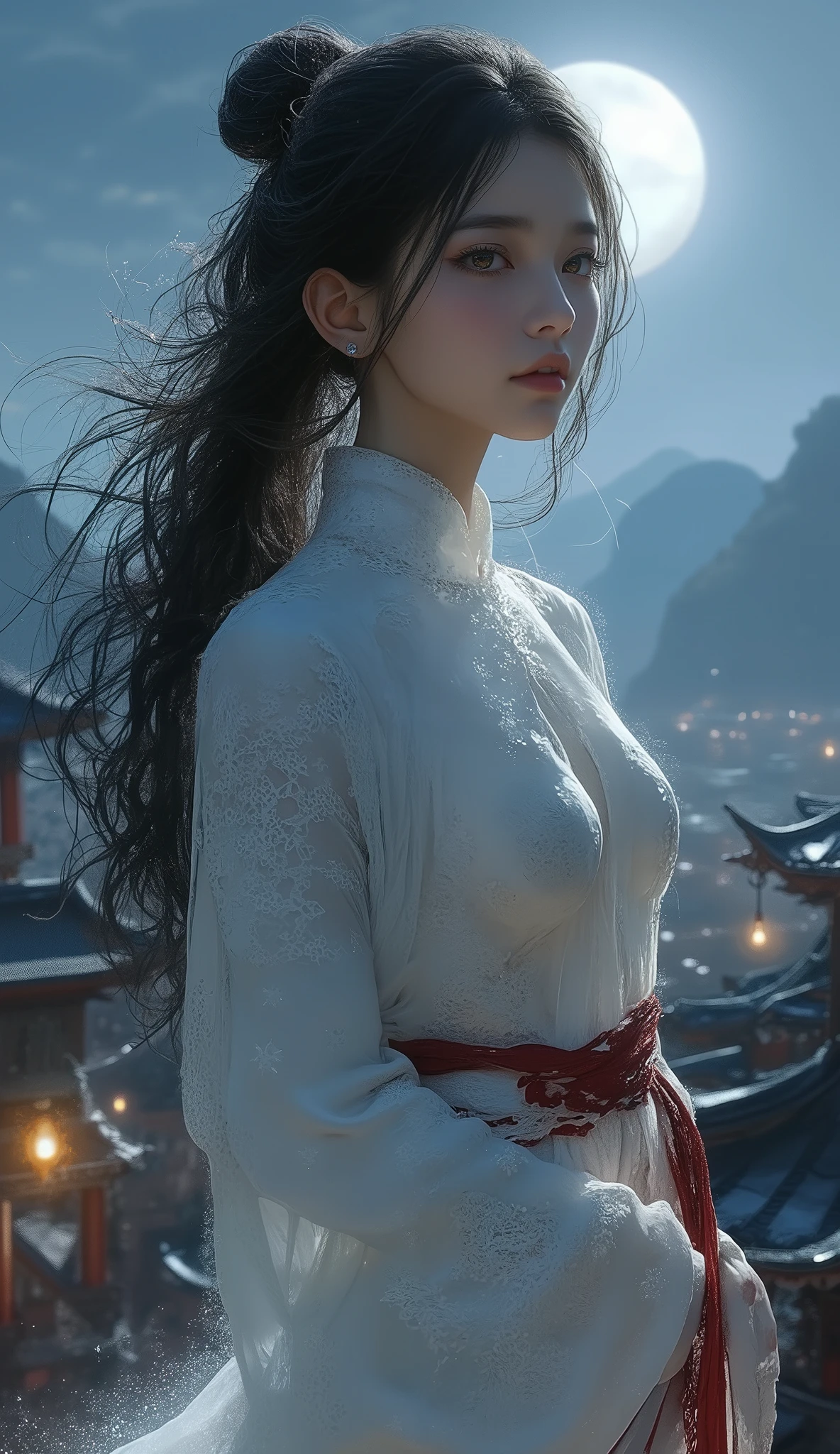 Final Fantasy Style , Takahashi Kazunari's masterpiece, depiction of a face expressed in great detail, Detailed Eyes 、Detailed faces、Hair drawn down to the smallest detail 、Solo cute girl , (((beautiful nudity))), 32K, enchantment, masterpiece, top quality, , , , (( big breasted with a cross eye, deep cleavage ))、((( top quality))),((( Super detail))),((( Masterpiece))), illustration ,1 person,1 Female, Swordsman , Female Warrior, traditional Chinese costume ,no breasts part dress, standing , ink style ,martial arts, pose ,rooftop,moonlight, night ,background,ancient chinese architecture,Misty Mountain, silhouette ,Silence --ar 16:9