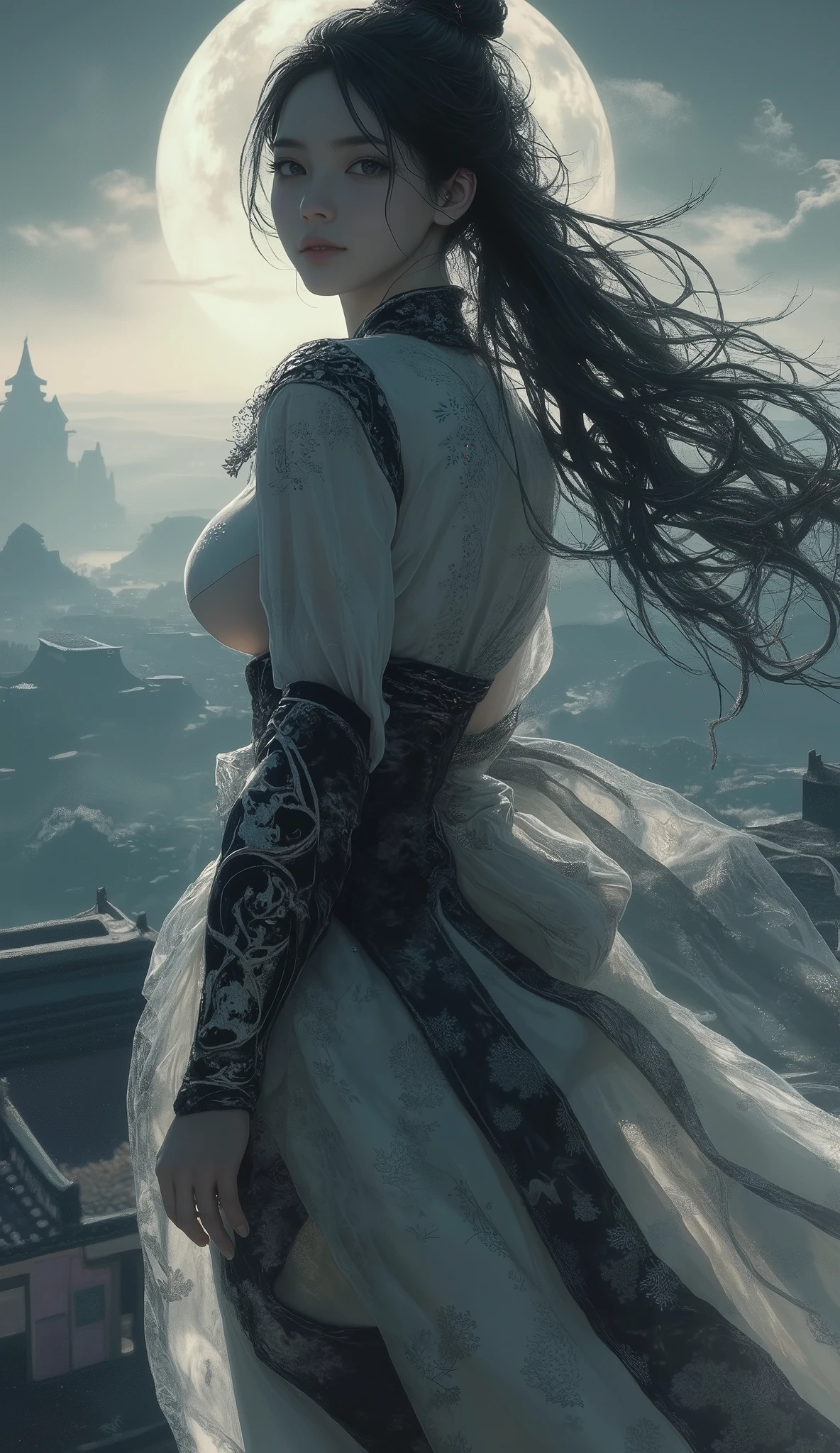 Final Fantasy Style , Takahashi Kazunari's masterpiece, depiction of a face expressed in great detail, Detailed Eyes 、Detailed faces、Hair drawn down to the smallest detail 、Solo cute girl , (((beautiful nudity))), 32K, enchantment, masterpiece, top quality, , , , (( big breasted with a cross eye, deep cleavage ))、((( top quality))),((( Super detail))),((( Masterpiece))), illustration ,1 person,1 Female, Swordsman , Female Warrior, traditional Chinese costume ,no breasts part dress, standing , ink style ,martial arts, pose ,rooftop,moonlight, night ,background,ancient chinese architecture,Misty Mountain, silhouette ,Silence --ar 16:9