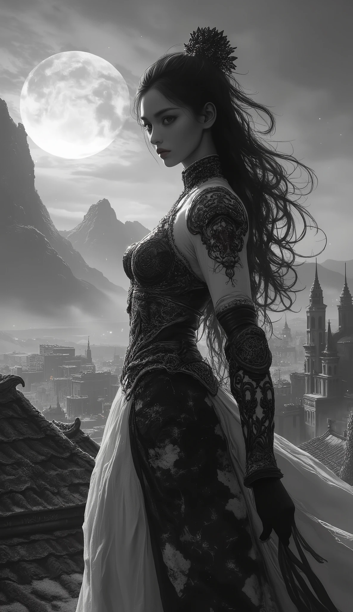 Final Fantasy Style , Takahashi Kazunari's masterpiece, depiction of a face expressed in great detail, Detailed Eyes 、Detailed faces、Hair drawn down to the smallest detail 、Solo cute girl , (((beautiful nudity))), 32K, enchantment, masterpiece, top quality, , , , (( big breasted with a cross eye, deep cleavage ))、((( top quality))),((( Super detail))),((( Masterpiece))), illustration ,1 person,1 Female, Swordsman , Female Warrior, traditional Chinese costume ,no breasts part dress, standing , ink style ,martial arts, pose ,rooftop,moonlight, night ,background,ancient chinese architecture,Misty Mountain, silhouette ,Silence --ar 16:9