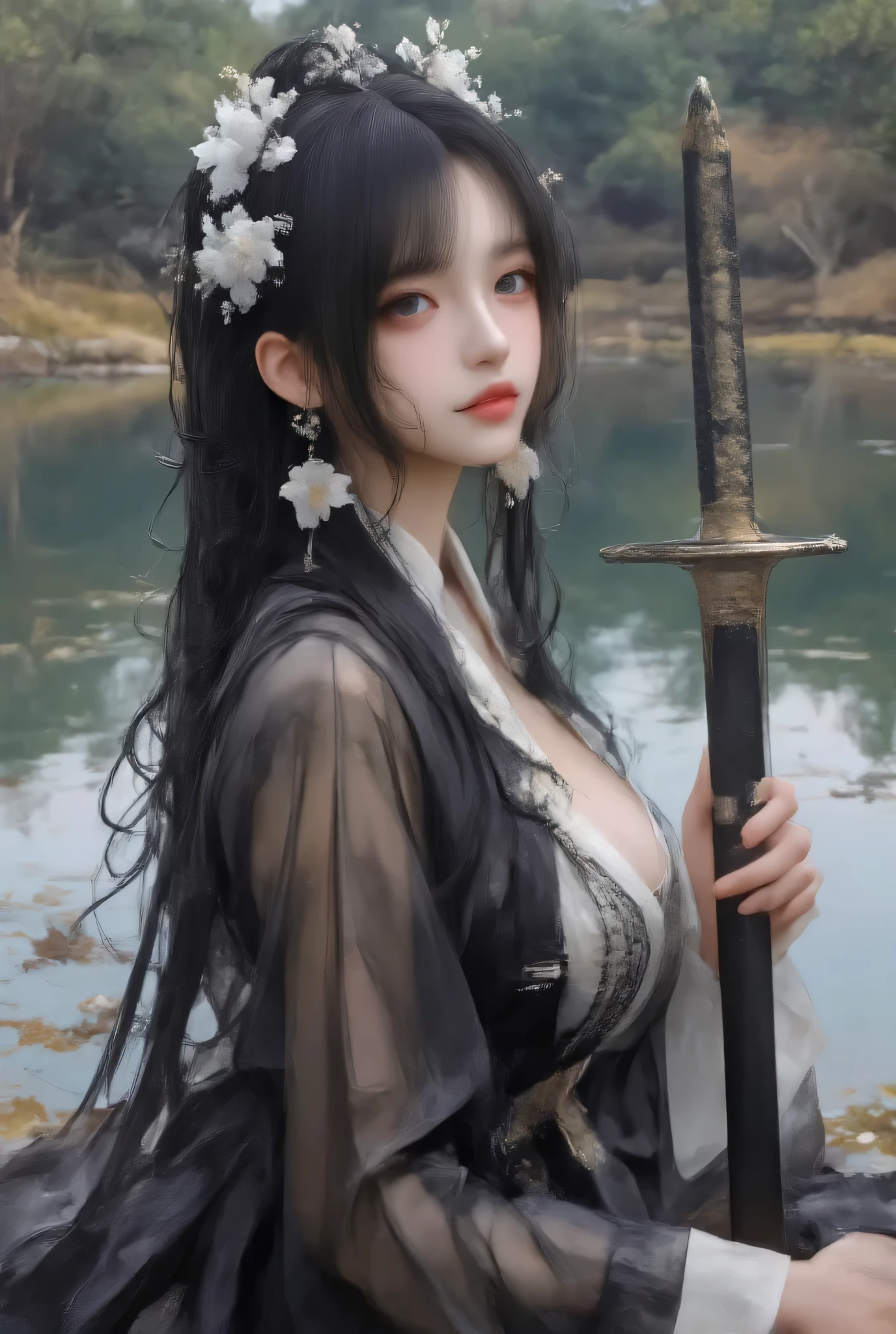 on dark background 、High-quality photography、 wet texture、frost、 studio photography 、engraving、Shallow depth of field、Vignette、 super detailed、High Budget、Bokeh、Wide cinema 、epic、Colorful、 film grain ,Model with slightly curly black hair wears black and white translucent ancient Hanfu,Sitting by the lake,The model's skin is delicate and shiny,Have a pair of E-cup breasts, left hair with a white flower headdress,Side to side and look at the camera ,Holding a Chinese longsword
