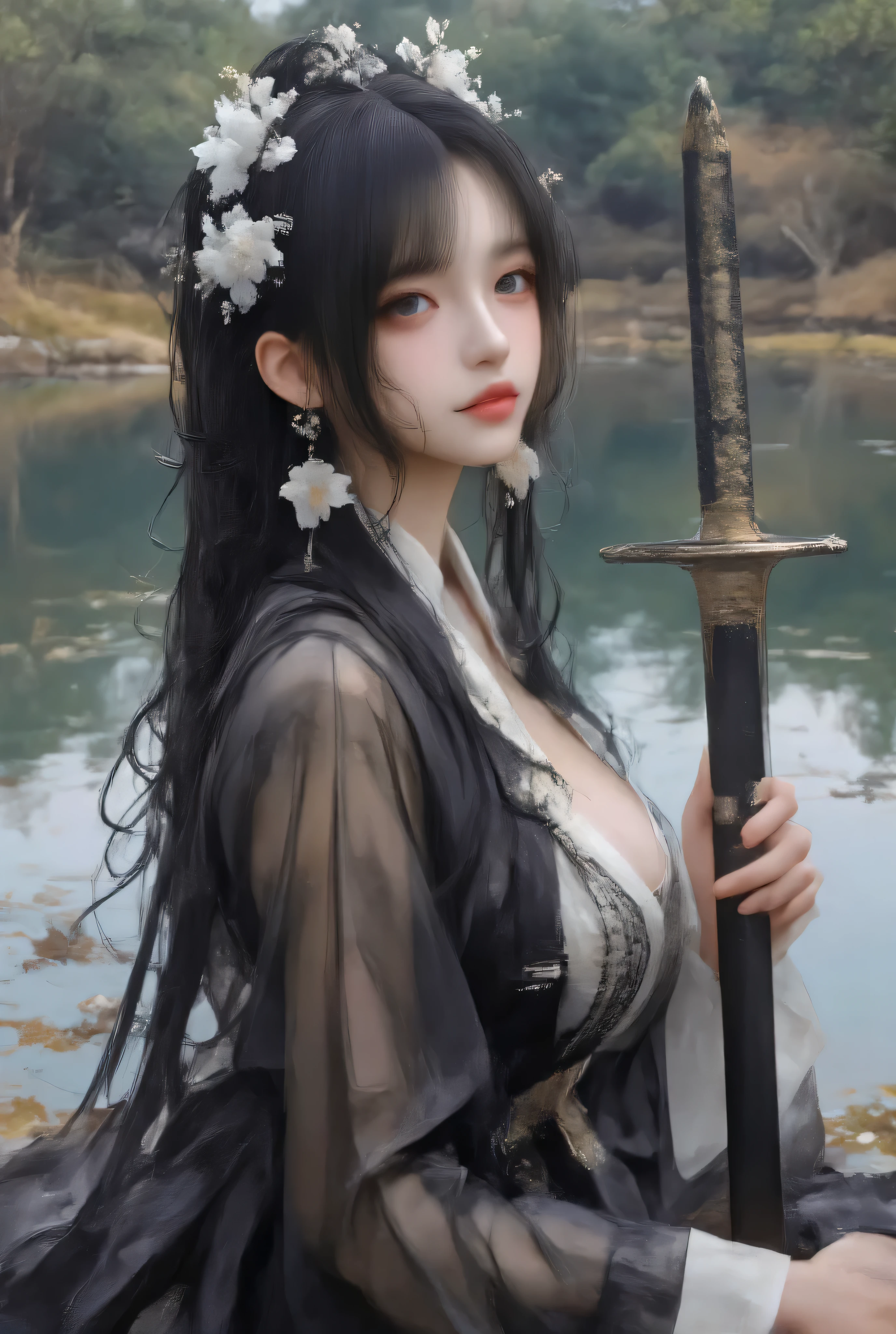 on dark background 、High-quality photography、 wet texture、frost、 studio photography 、engraving、Shallow depth of field、Vignette、 super detailed、High Budget、Bokeh、Wide cinema 、epic、Colorful、 film grain ,Model with slightly curly black hair wears black and white translucent ancient Hanfu,Sitting by the lake,The model's skin is delicate and shiny,Have a pair of E-cup breasts, left hair with a white flower headdress,Side to side and look at the camera ,Holding a Chinese longsword
