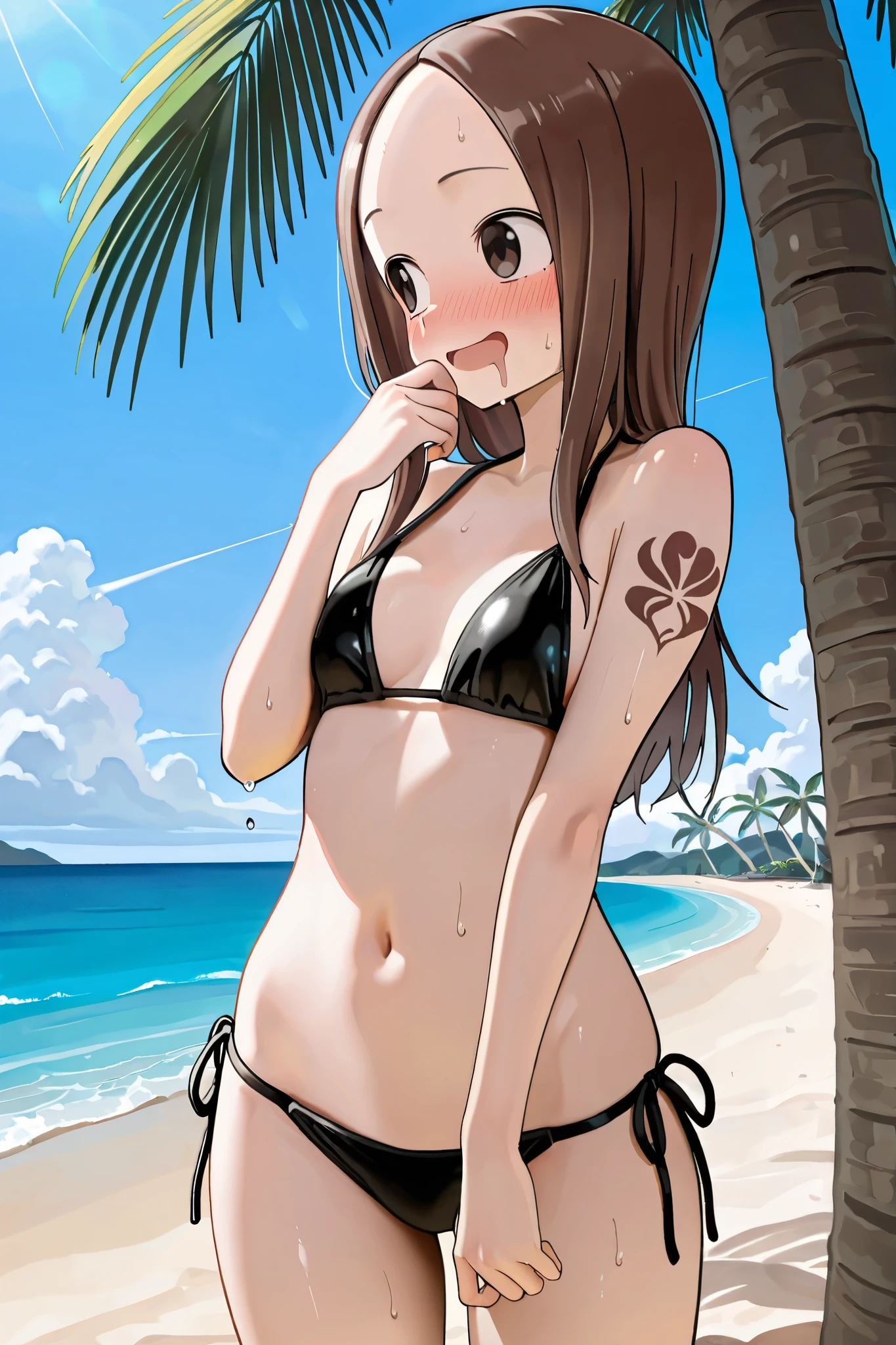 NSFW, Masterpiece, top quality, high resolution, very detailed,Takagi\(からかい上手のTakagi\), with long hair 、 Hair,Forehead、clavicle, bikini,ハイレグ bikini, multiple straps, tattoo,beach, palm trees, is wet from, sexual harassment,Embarrassed,blush, open your mouth,Drooling