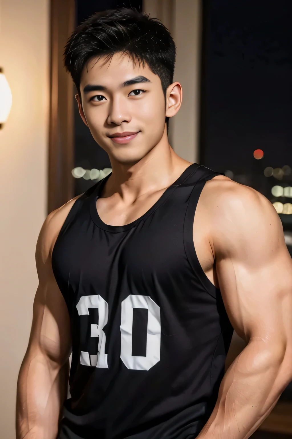 18-year-old male、 Japanese、 handsome、 macho、 athlete、smile、 night view、 black tank top 、 facing front