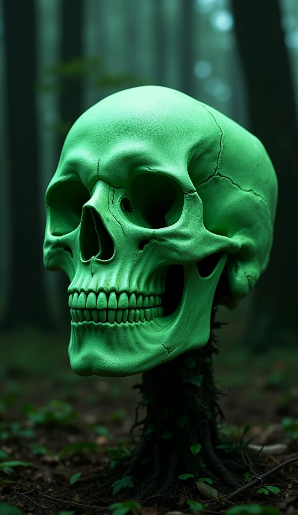 Create an image of a zombie-like skull with a tube of green liquid on its back