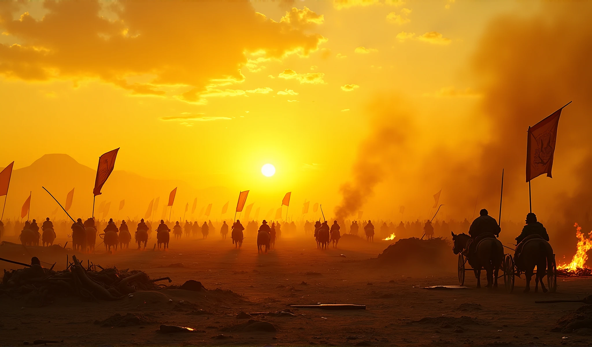 A vast, barren battlefield stretches under a sky ablaze with hues of yellow and orange. The sun is ready to set, low on the horizon, casts a golden glow over the scarred ground—broken chariots, burning chariots, scattered weapons, and faded banners fluttering in the warm breeze. The atmosphere is intense and reflective, with dust particles illuminated by the golden light, creating a dramatic haze.
