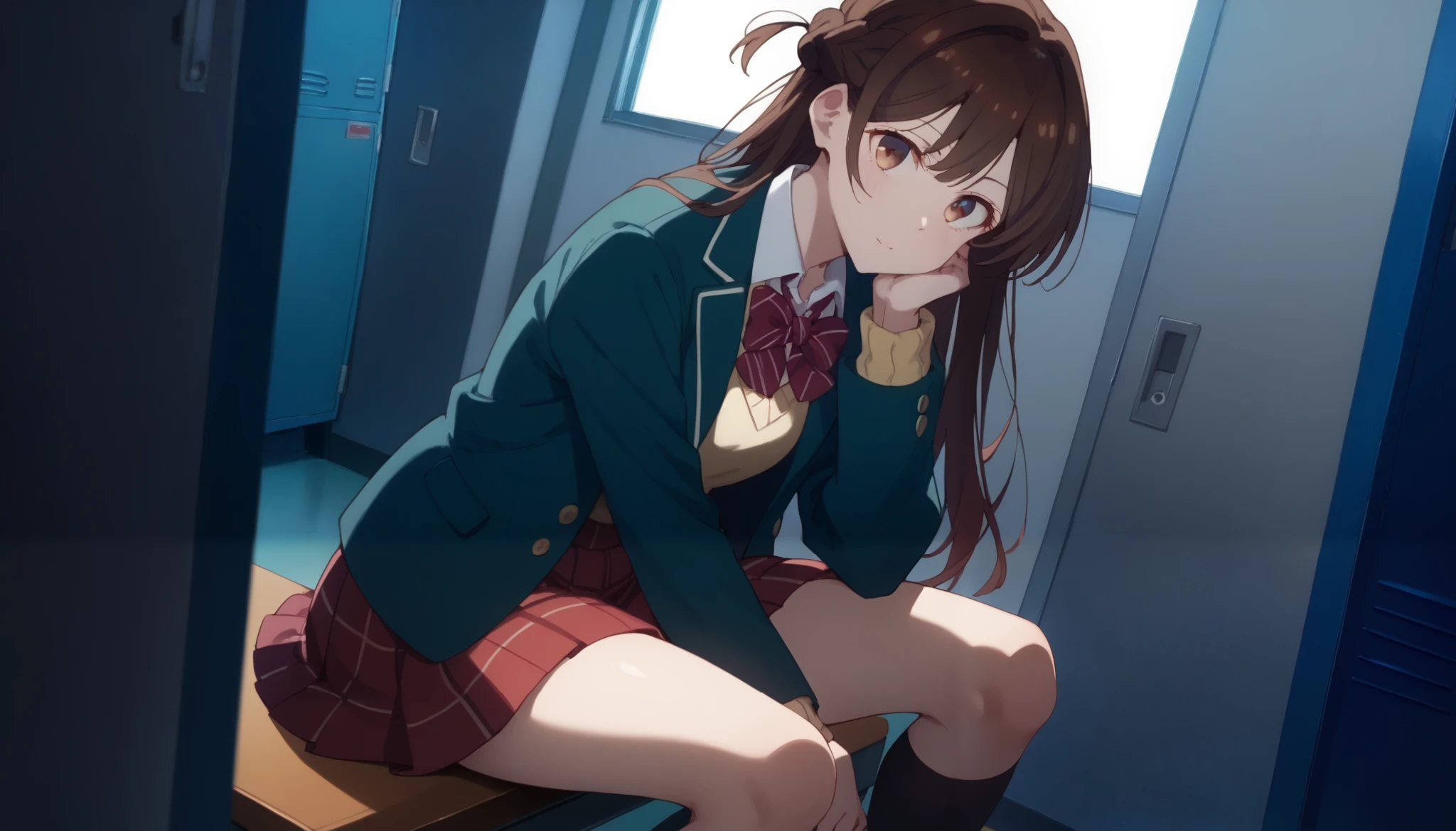 , stares at the viewer, Alone, Chizuru Ichinose, 1 girl, brown hair, long hair, French Braid , brown eyes, school uniform , green jacket, yellow sweater , bow tie, plaid skirt that breaks small breasts, red skirt, Black Sox, indoors, locker, window_,night, Closeup shot thick and puny, thighs、 holding your knee