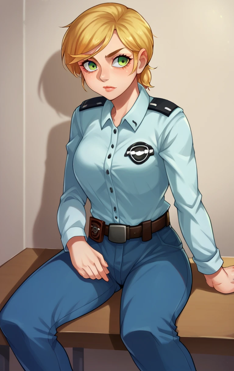 (masterpiece, best quality), 1girl(beautiful face, gwendolyn_tennyson, breasts, orange hair,  short hair, green eyes),detailed face, a weary face, parted lips,  nose blush, blush, solo, head tilt, police woman,  low blue shirts, belts,  dark blue  skirt,  ultra mini skirt,  brown pantyhose,  police hat, white gloves,  office,  on the desk,  sitting,  spread legs, sexy waist teasing,  