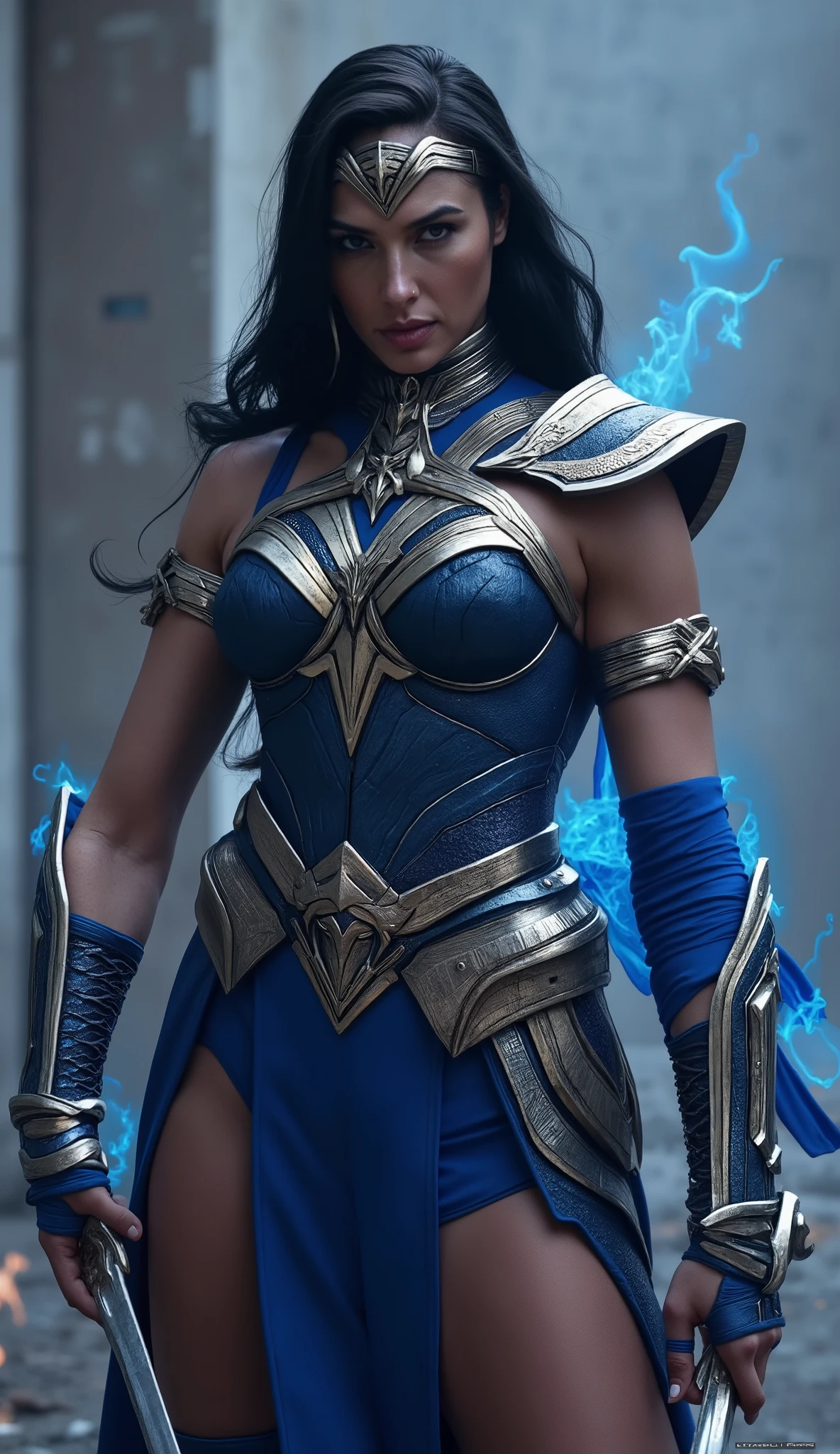 A breathtaking 8K ultra-realistic depiction of Kitana, envisioned with Gal Gadot’s striking features, standing in a fierce battle-ready stance. Her razor-sharp steel fans gleam under the cold moonlight, exuding an ethereal blue glow. She wears an intricately designed deep blue armored outfit, adorned with metallic engravings and royal Edenian embroidery, seamlessly blending elegance with deadly precision.
Her piercing dark eyes radiate determination, framed by a perfectly contoured blue face mask that enhances her mystique. Long, flowing black hair sways in the wind, illuminated by flickering blue flames. The background reveals a misty battlefield with ancient ruins barely visible through swirling fog, embers drifting in the air. Dramatic lighting highlights every texture, from polished metal to flowing silk, as a radiant blue energy emanates from her weapons, embodying her regal yet lethal presence.