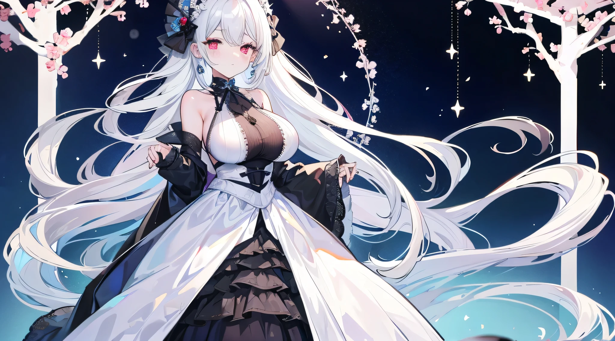 Paradise in Heaven, white light naste piece), (Best Quality), (Cinematic), 8K, (art  stations), Li Yue&#39;s style of painting.(長いWhite hairとSilvery eyesを持つ1人の女), (Beautiful delicate face)、[ particle roux full moon] [Frozen trees々] [landscape crystal] [Lighting] [Ethereal Atmosphere]:1.1] [Fantasy, short story] [soft Lighting] [+Cinematic shot]:1.2 [+art  stations] [+Light white background] [+soft Lighting] [soft glow] [Creative and dynamic angles]:1.3, [+crystal tonina steppiece, ighly detailed, Ultra-detailed, Solo, (pale skin), Silvery eyes, White hair, (snowy background), (snowflake rose flower:1.0), (shining crystals),, (Snowy ground), (sexy white lacy mail、dreamy and detailed, Gorgeous settings, 妖しい雰囲気 masutepiece, The most beautiful scenes, An majestic、(((Filled with white flowers)))、quiet and serene atmosphere、A charming, all white tones,Inside the crystal library,Transparent flowers and falling snow，Many white roses are planted,(flowingwater,falls,water bloom),The decoration is also carefully finished..,Dreamy（ighly detailedです，Creative Design，crisp and precise lines，K HD，best qualtiy，tmasterpiece，超hight resolution，4K）、Beautiful white flower hair ornament in diverse poses))、Beautiful hairstyle、(Best Quality, 4K, 8K, hight resolution, masutepiece:1.2), Ultra-detailed, Detailed expression, Graceful posture, expressive brush strokes, mystic atmosphere, artistic interpretation,Delicate floral jewelry， (((Detailed design、Beautiful dress with sheer lace、see-through little dress)))、(SFW:1.5), (Oversized breasts, best body proportions, The proportion of large breasts,:1.5),(Regular crystal accessories on the arms are decorated in white。))、(((maikurobikini)))