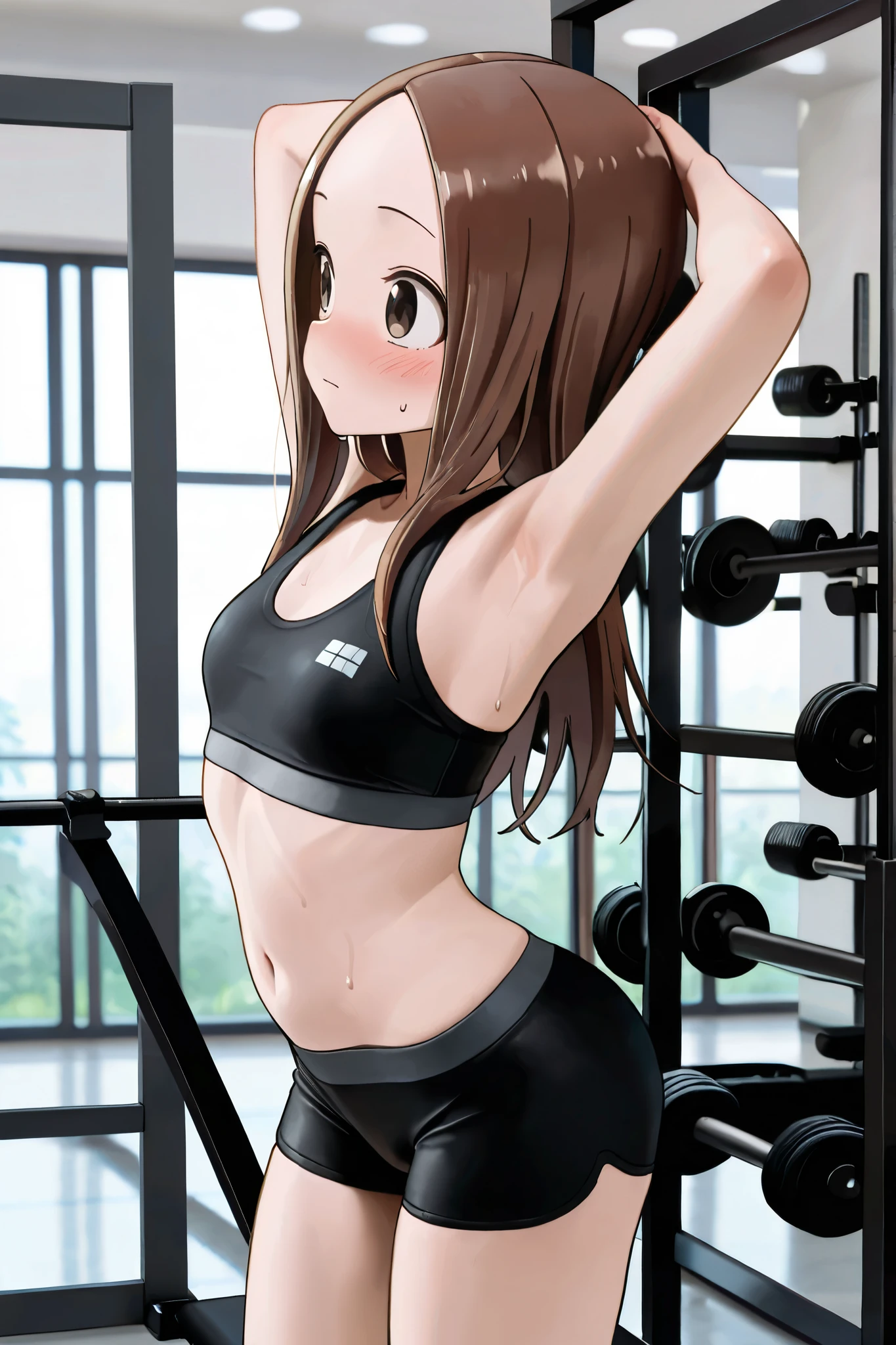 NSFW, Masterpiece, top quality, high resolution, very detailed,Takagi\(からかい上手のTakagi\), with long hair 、 Hair,Forehead、clavicle, black sports bra、black fitness shorts、Embarrassed,blush, lustful face,FITNESS GYM ,Yoga, open,soft