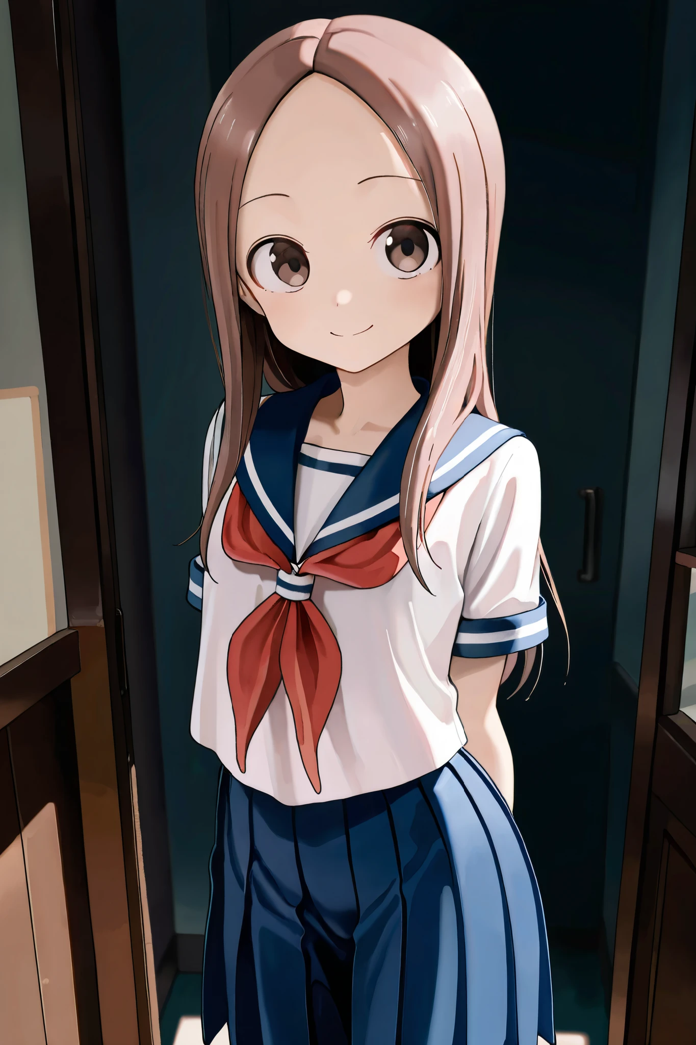 NSFW, Masterpiece, top quality, high resolution, very detailed,Takagi\(からかい上手のTakagi\), with long hair 、 Hair,Forehead、clavicle, sailor suit、 sailor color、 Red Neckerchief、 white shirt、Short sleeve、 pleated skirt、 blue skirt