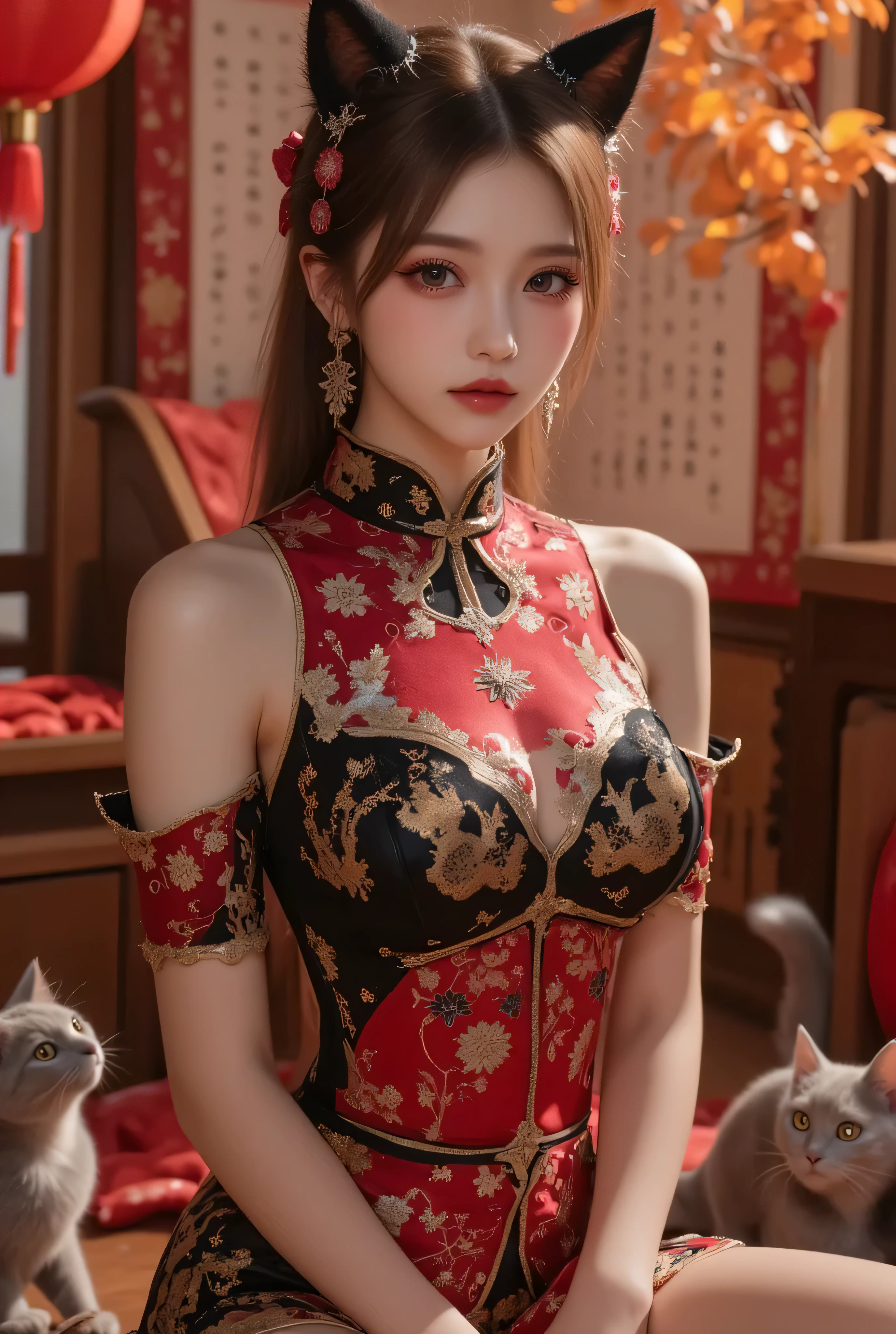 Cat ears、 face up, attractive, pretty girl, ponytail、few beautiful lady hair decorations, (( fine facial features , eroticism)), dramatic lighting , realistic , 8k, Dramatic Shadows , intricate and elaborate patterns , super detailed photo , chiaroscuro lighting , Pleasant colors , deep contrast , super real 、 pink lipstick、 warm room、Vintage Fireplace 、 cinematic composition、Close-up of face, pretty half part transparent open shoulder loose outfits dress, tang style, A beautiful Korean idol wearing a one piece red- black tightly cheongsam with phoenix and intricate floral golden embroidery, golden and silver outline on dress, standing gracefully in a room filled with traditional Chinese New Year decorations. The room features vibrant red lanterns, decorative calligraphy scrolls, a small Chinese orange tree with golden ornaments, and several red envelopes scattered across the floor and hanging from the tree. Adorable, playful cats are part of the scene—some sitting near the tree, others curiously pawing at the red envelopes or lounging around. Through a window or an open door in the background, vibrant Chinese fireworks light up the night sky in an array of reds, golds, and blues, casting a magical glow into the room. The idol’s outfit is paired with subtle accessories like red hairpins or earrings, complementing the festive look. The atmosphere is warm and lively, filled with the joyful essence of the celebration, enhanced by the shimmering lights of the fireworks and the lively decor.