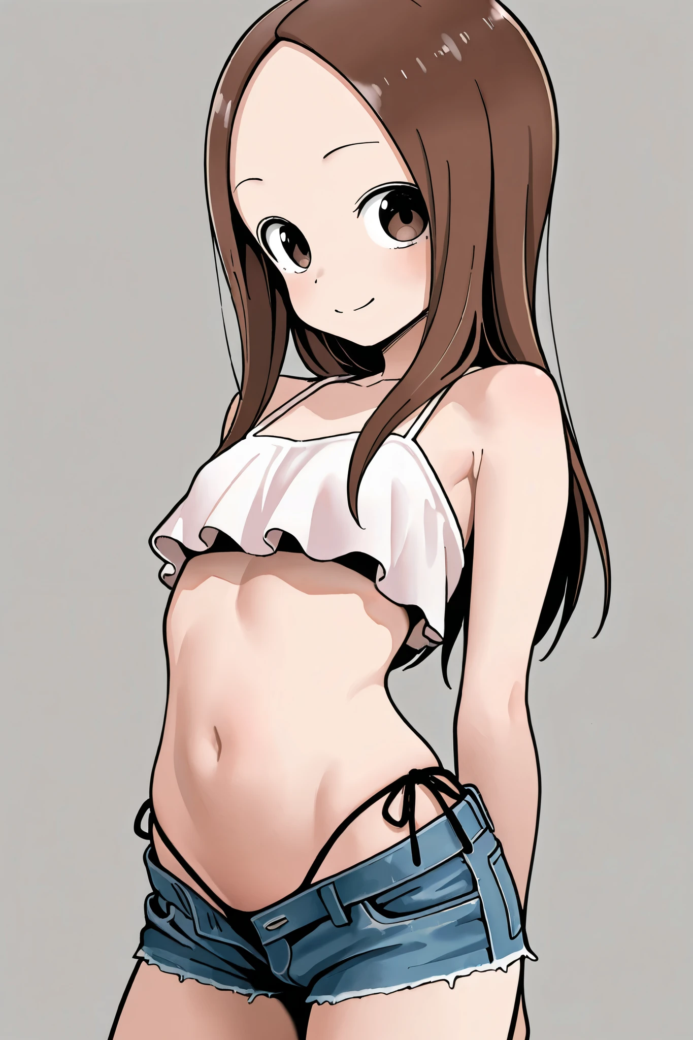NSFW, Masterpiece, top quality, high resolution, very detailed,Takagi\(からかい上手のTakagi\), with long hair 、 Hair,Forehead、clavicle, crop top, shoulder out, denim shorts, high leg bikini,
