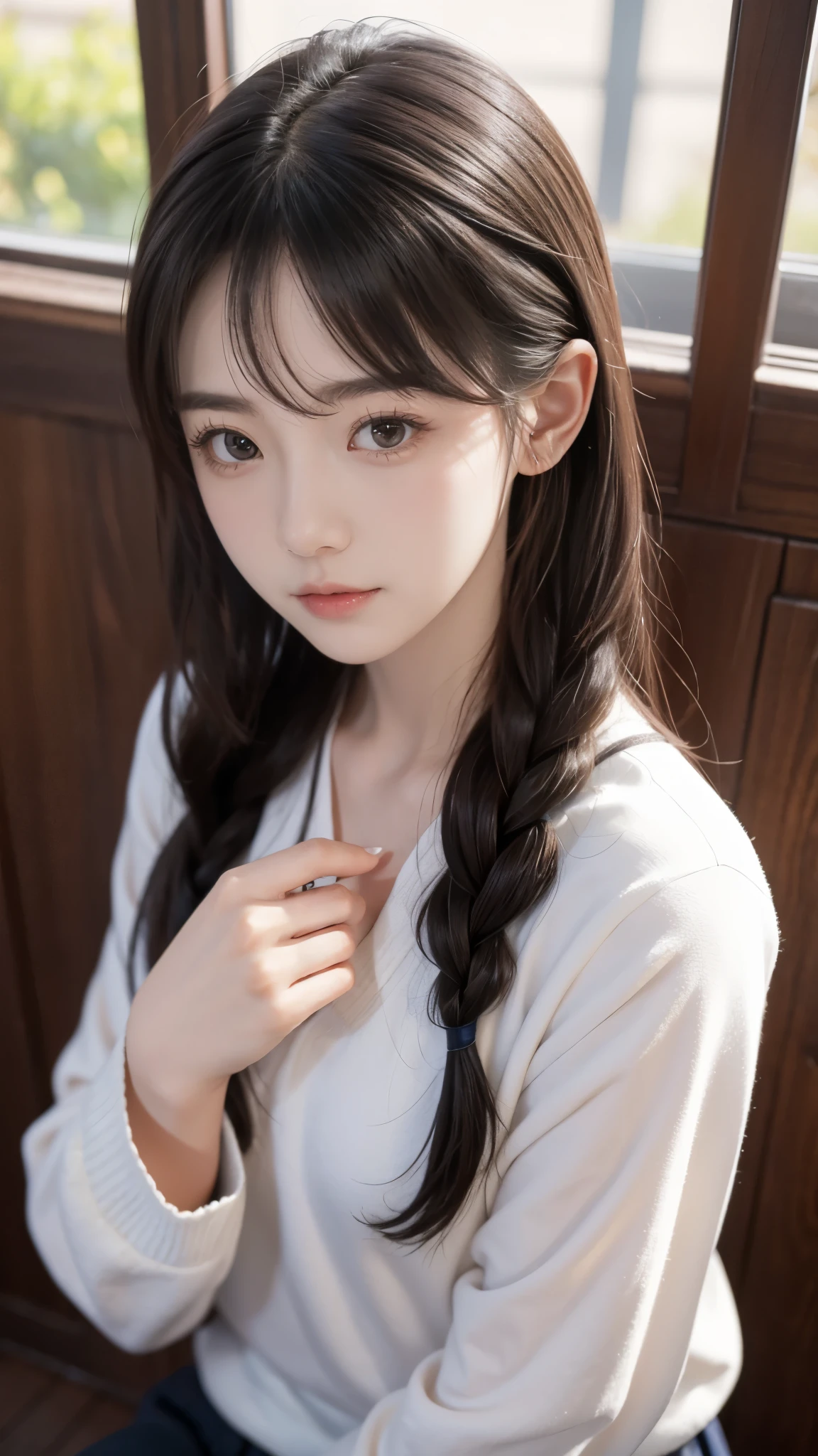   one girl,   high resolution,  Masterpiece,   anatomically accurate, number々 Awards, 最  high quality ,   high resolutionモデル,   high detail,   high quality , retina,   very detailed,   textured skin, , 茶色のhair, 前hair, 長いhair,   side blade  , Thready hairstyle/hair, 表現力のあるhair,   female 、Japan&#39;The best idol、(((  Santa Claus Sleeveless Costume))),   big Christmas tree,  illumination
