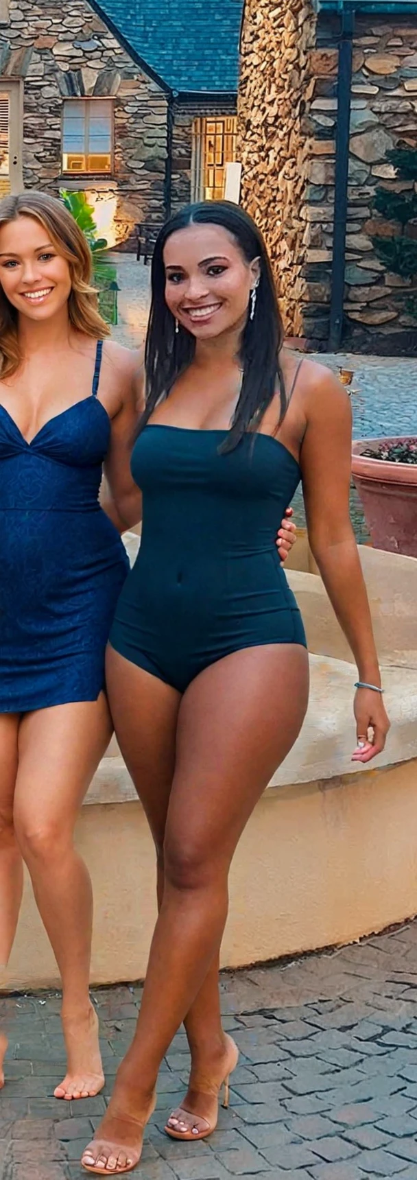 older light skinned black woman, wearing yellow and black flowery swimsuit, standing next to swimming pool, (((full body shots)))