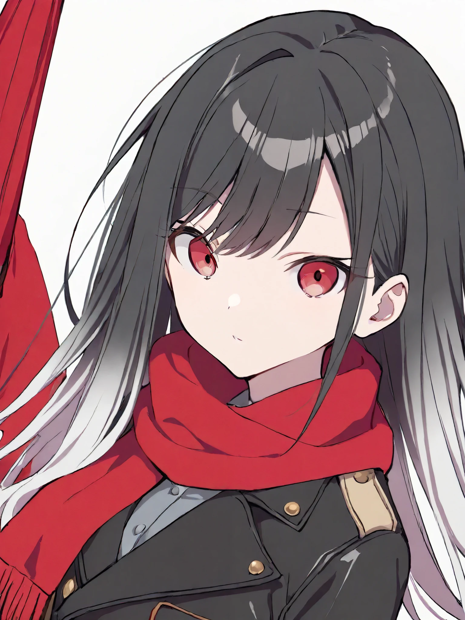 (( Artist :Kei Mochizuki)), light white background , Character Portrait,(【8k, best quality , Masterpiece:1.2),\(eye details\),\( Facial Features Detail \),(\( Clothing Details \)\),( 1 woman with an umbrella:1.3),Tenma Saki (project sekai) , gradient hair color from black to red,( blood red eyes :1.3), Thin Girl ,long straight hair,wave hair,slim ,( pretty girl) , small boobs,(British heavy leather military style jacket:1.2),Black suit,(red shroud+scarf:1.2), anatomically accurate, very detailed, simple background , illustration,