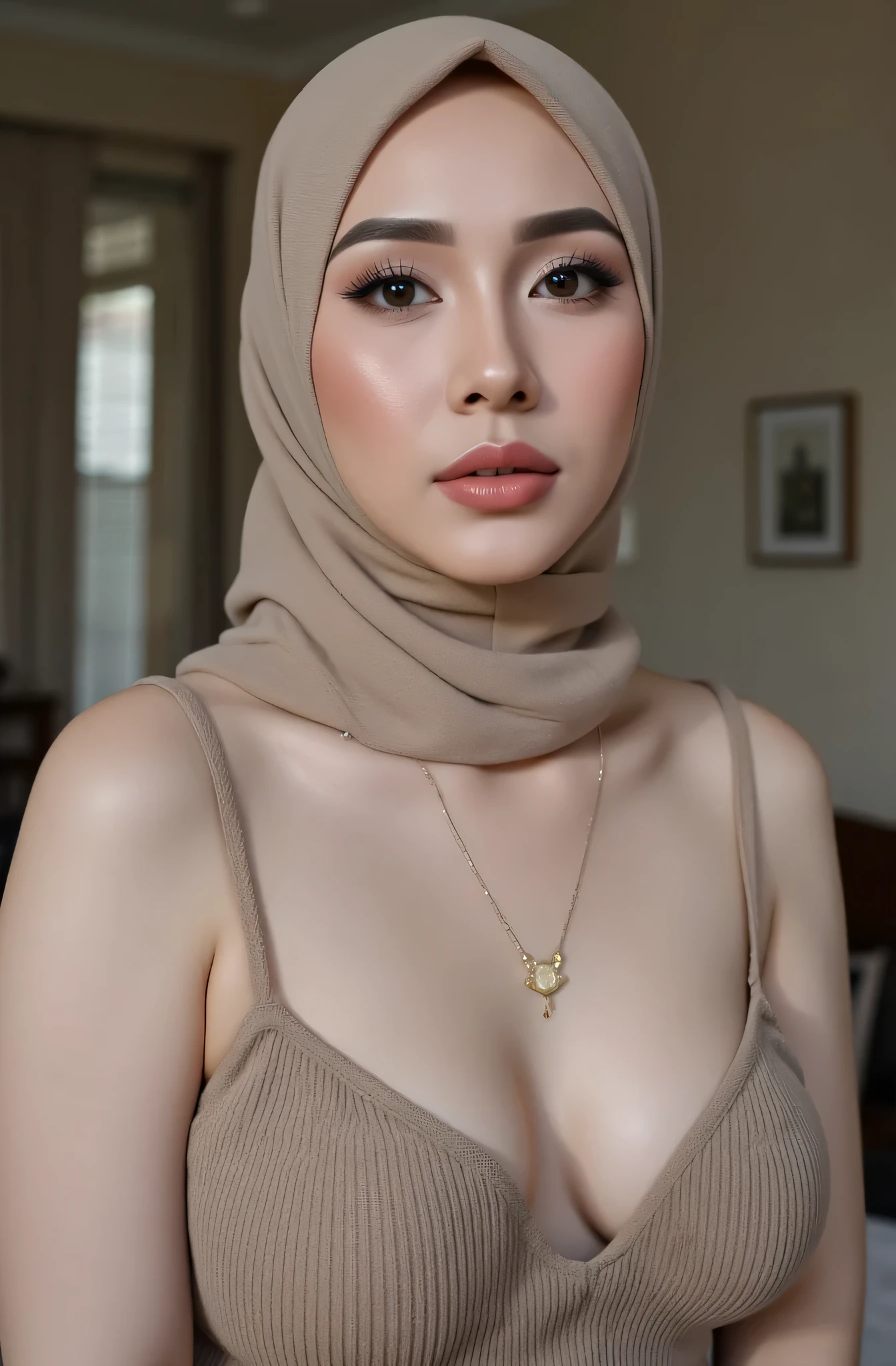 1 girl, Asian girl, beautiful girl, cute girl, ((smile)), ((slim, thin, tall)), ((Indonesian girl)), ((beautiful Indonesian girl)), ((beautiful Indonesian hijab girl)), ((Indonesian hijab girl)), (( girl, 18 year old girls, young girls)), ((teenagers, young)), ((wearing black hijab, wearing black scarf, black hijab, black scarf)), ((Indonesian internet celebrity, indonesian instagram celebrity, indonesian tiktok celebrity)), ((ulzzang hijab girl, korean hijab girl, chinese hijab girl)). ((large breasts, big breasts, large , big boobs)), big breasts, large breasts, big , slim body, ((nude, naked)), (nude, naked), (nude), (naked), ((nude)), ((naked)). ((lust, lustful, horny)), ((closed eyes, eyes closed)), ((sighing)), head facing upwards, ((horny expression, enjoyment expression, lust expression)). ((indoor, bedroom)), Beautiful Face, firm abs, ((thin lips)), slim face, faceslender abs, double eyelid, Super thin face and eyes, Sexy, Pinkish white skin, sexy pose, beautiful skin. ultra-detailed face, detailed lips, Highly Detailed Face and Skin Texture, detailed eyes, beautiful detail eyes, (realistic skin), attractive, Ultra-fine face, Fine eyes. Beautiful Women with Perfect Figure: 1.4,  (nsfw:1.3), (sexually aroused:1.5), (perfect, figure: 1.1), Slim abs: 1.1, ((Big breasts :1.2)). For the image quality, please prioritize ((Best quality, 8k, Masterpiece: 1.3)), ((masterpiece)), ((best quality)), ((ultra-detailed)), sharp focus: 1.2, (highly detailed CG illustration), ultra high resolution: 1.3, Detailed Photo, (Best Quality: 1.4), (best quality, (masterpiece:1.5), 4k, 8k, highres, masterpiece:1.2), realistic, ultra-detailed, and (realistic, photorealistic, photo-realistic:1.3), ((the photo taken with a phone)). To enhance the visuals, add UHD, studio lighting, ultra-fine painting, sharp focus, physically-based rendering, extreme detail description, professional, natural colors, cool white light. ((lust, lustful, horny)), ((closed eyes, eyes closed)), 