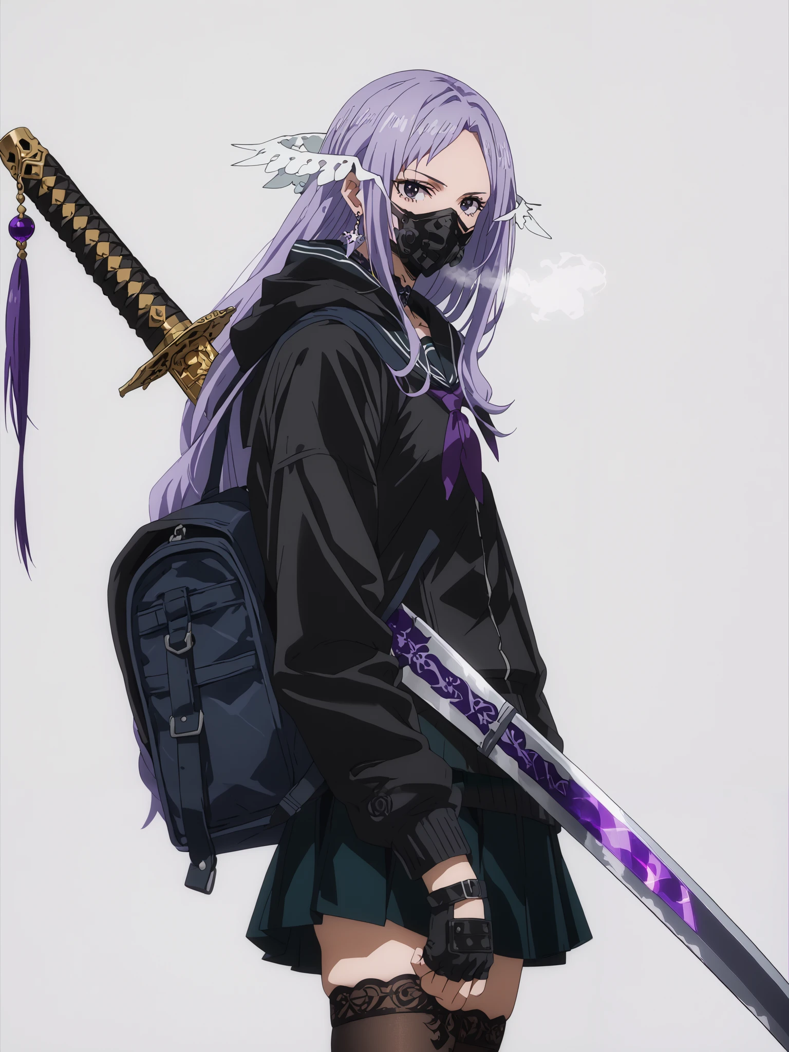 score_9, score_8_up, score_7_up, score_6_up, uncensored, quinella, absurdly long hair, purple eyes, long hair, parted bangs, purple hair, very long hair, hair ornament, huge breasts, mature female, anime coloring, anime screencap, (voluptuous:1.3), (thick:1.3), BREAK UHD, retina, masterpiece, accurate, anatomically correct, textured skin, super detail, high details, high quality, award winning, best quality, highres, 4K, excessive sweating, sweating, sweating drop, (gasping, heavy breathing:1.3), (skindentation:1.2), perfect eyes, beautiful eyes, eyelashes, makeup, detailed body, perfect body, BREAK, 1girl, solo, weapon, skirt, sword, mask, katana, sheath, hood, gloves, black_skirt, sheathed, pleated_skirt, black_gloves, bag, serafuku, long_sleeves, looking_at_viewer, school_uniform, cowboy_shot, thighhighs, jacket, backpack, white_background, black_jacket, mouth mask, weapon_on_back, simple_background, black_serafuku, jewelry, earrings, hood_down, respirator, hoodie, black_thighhighs, standing, black_hoodie, black_mask, grey_background, from_side, sailor_collar